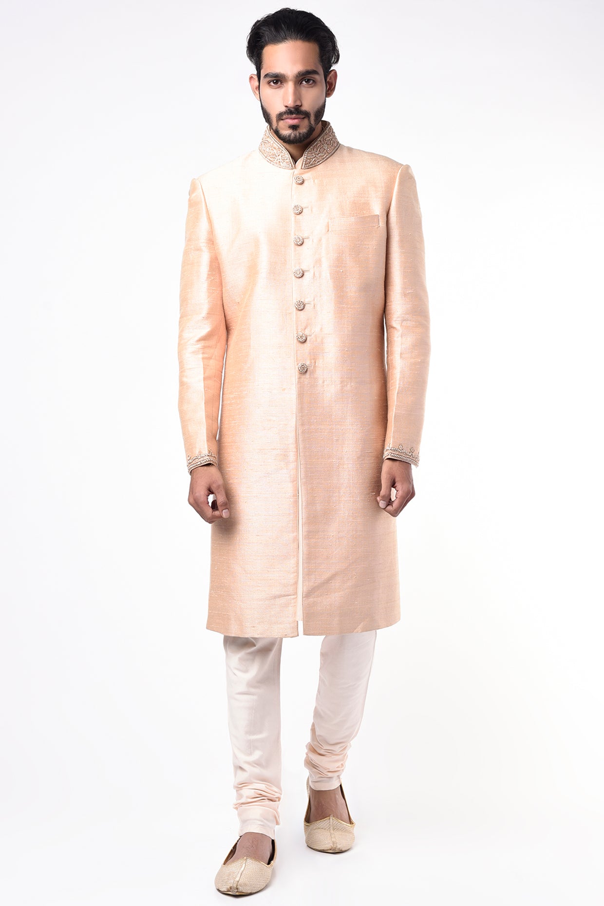Light Peach Matka Silk Sherwani Set