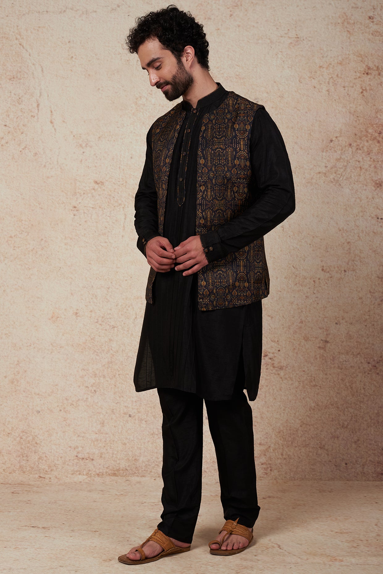 Black Printed Open Bundi Jacket With Kurta Set