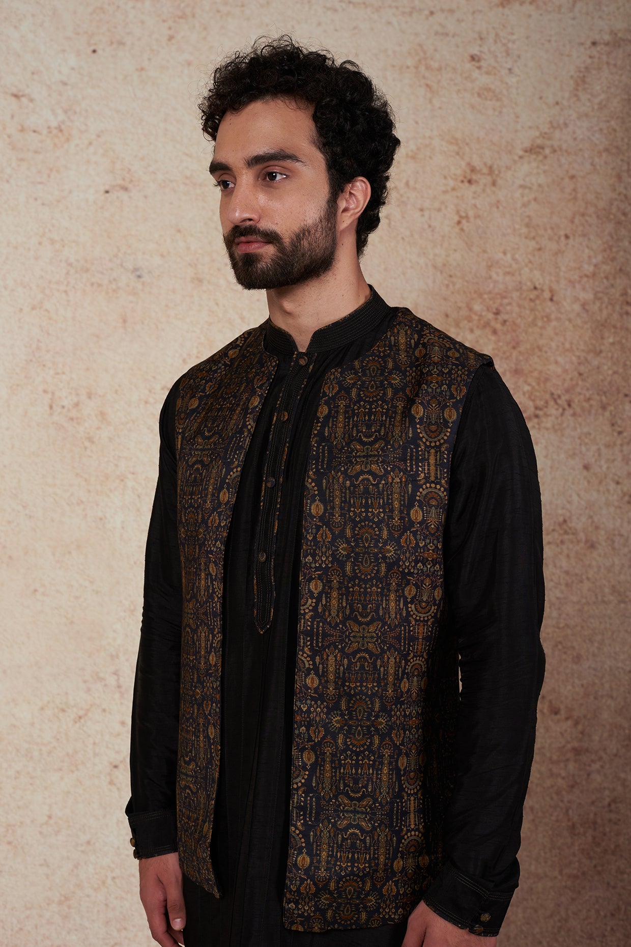Black Printed Open Bundi Jacket With Kurta Set