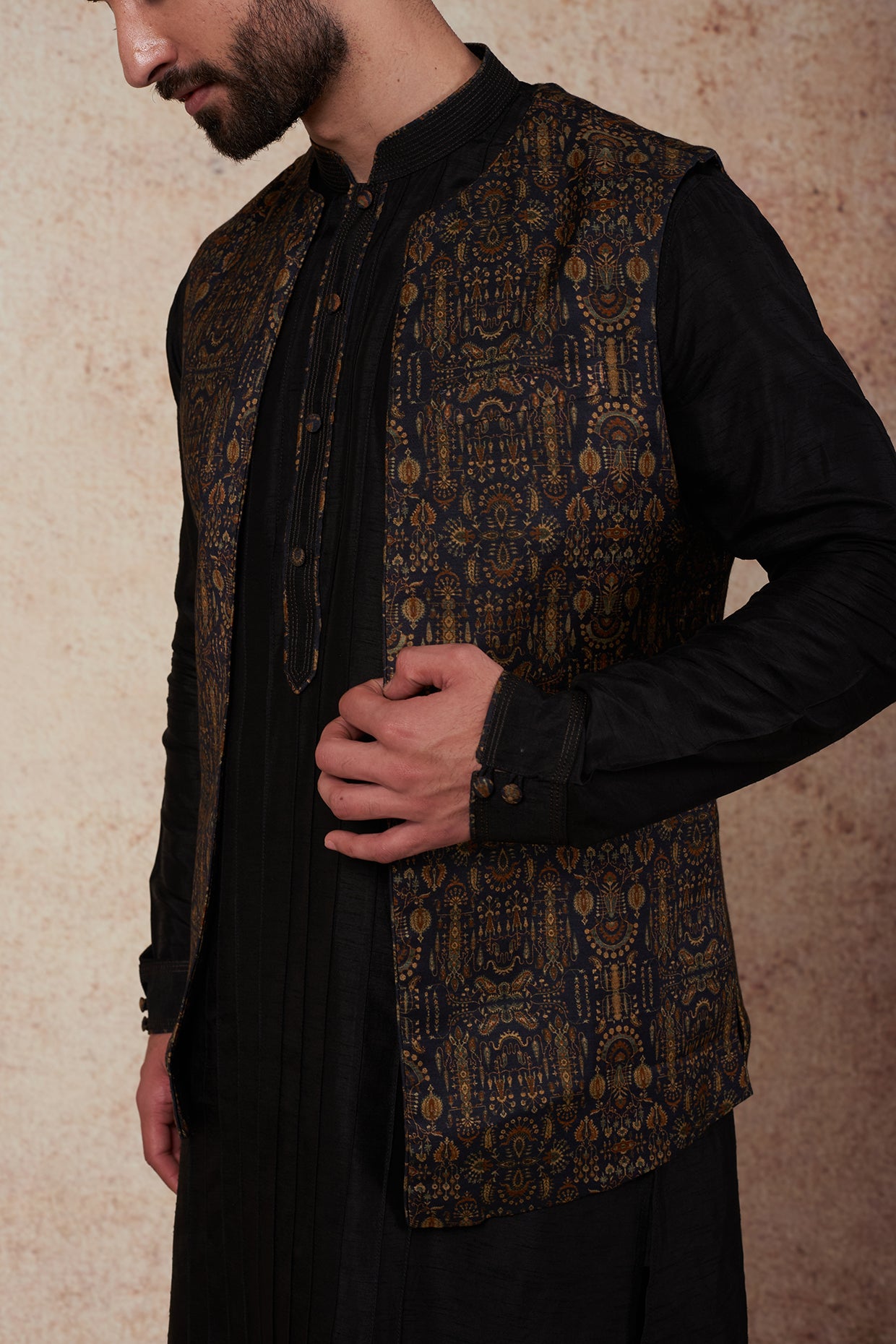 Black Printed Open Bundi Jacket With Kurta Set