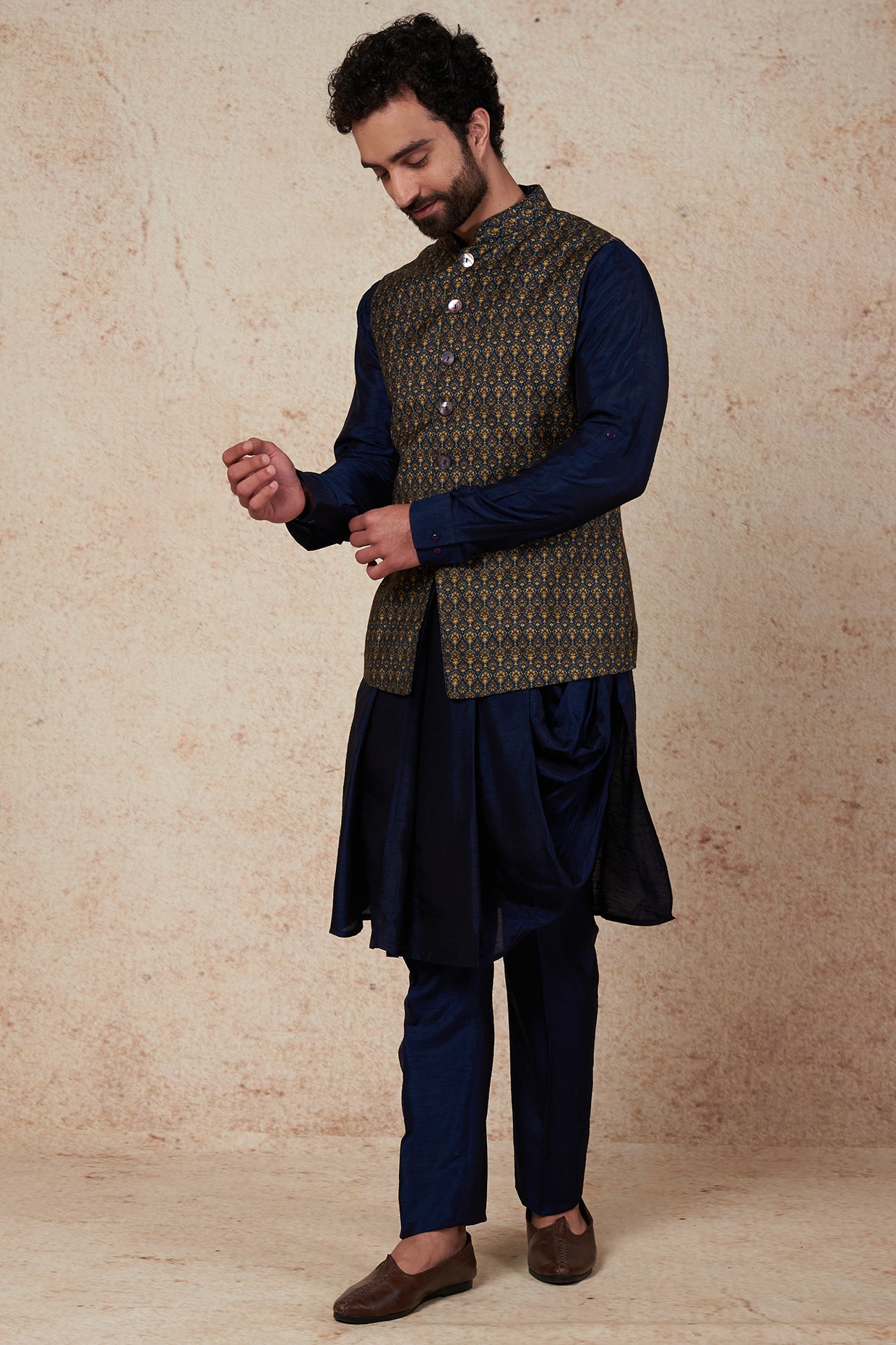 Teal Printed Bundi Jacket With Kurta Set