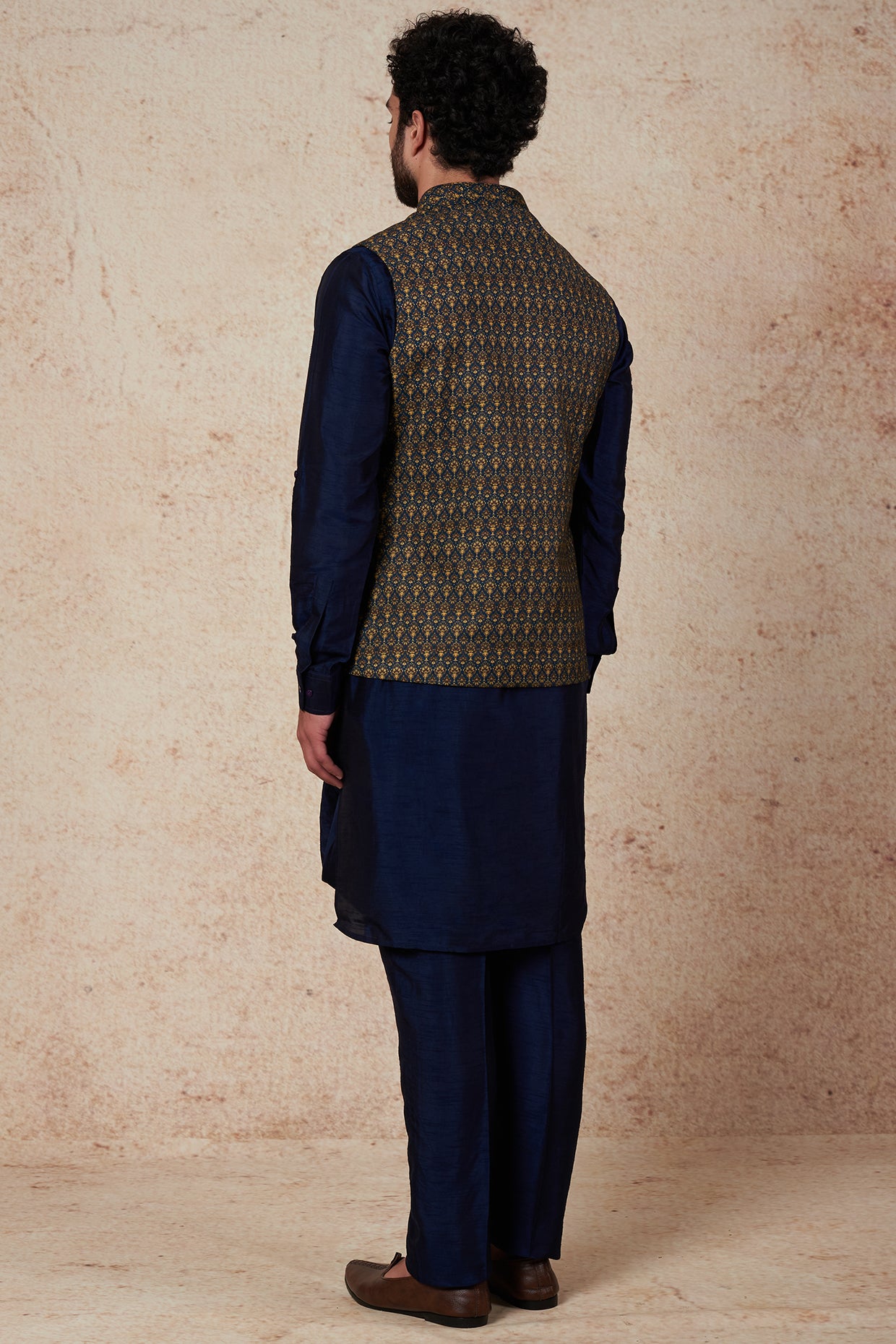 Teal Printed Bundi Jacket With Kurta Set