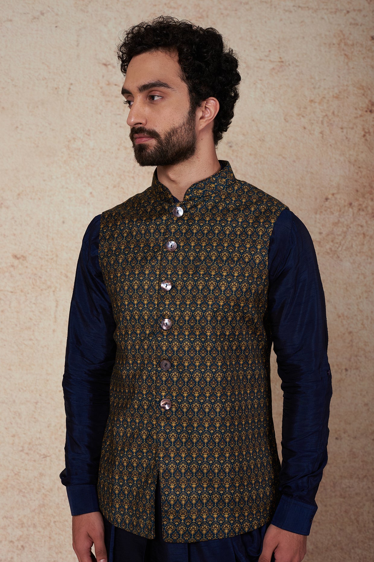 Teal Printed Bundi Jacket With Kurta Set