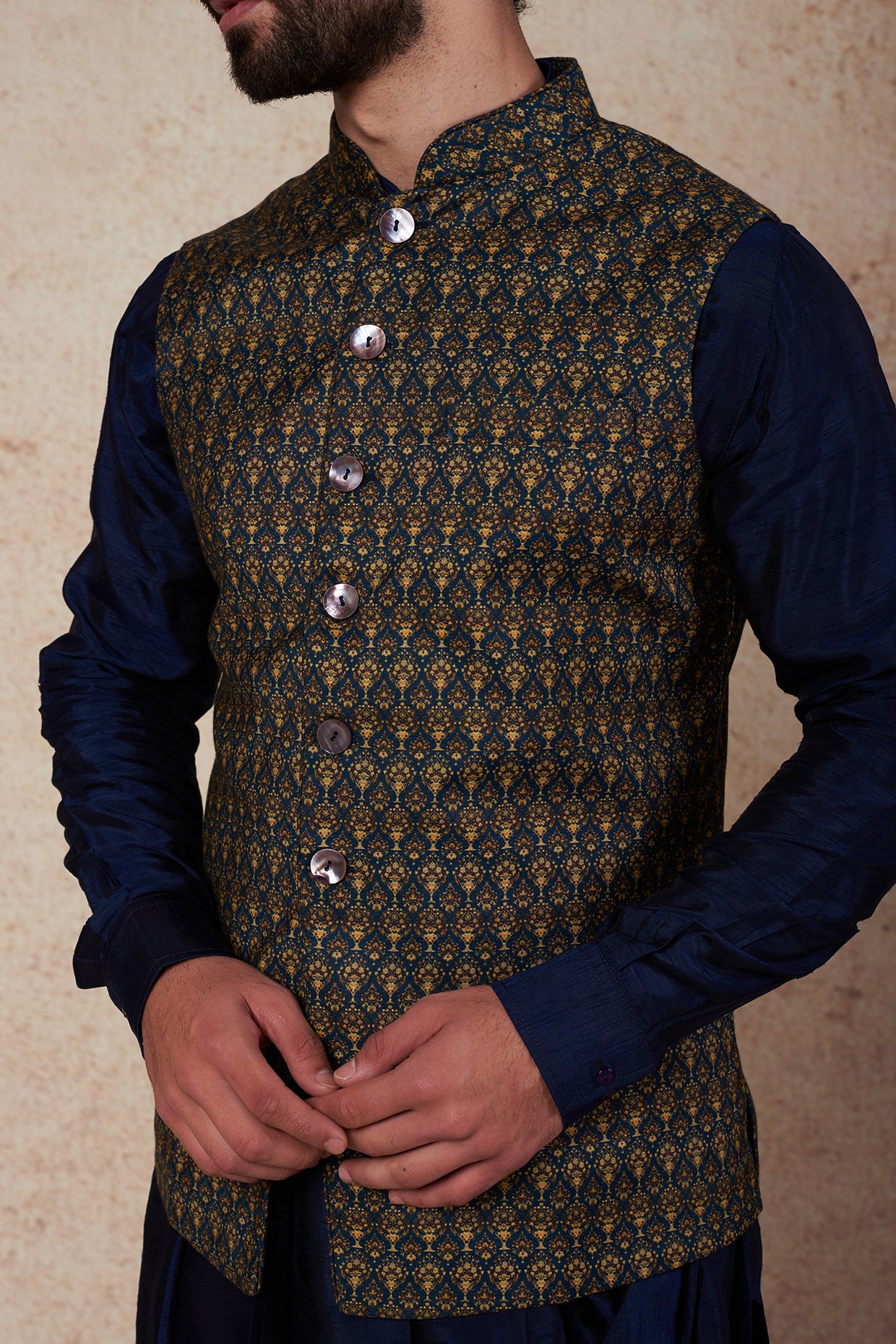 Teal Printed Bundi Jacket With Kurta Set