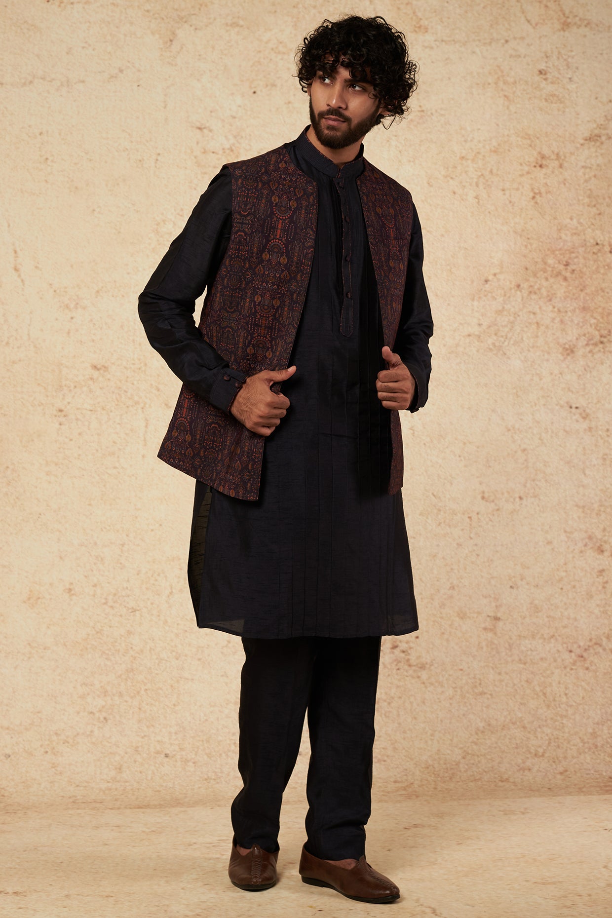 Wine Printed Bundi Jacket With Kurta Set