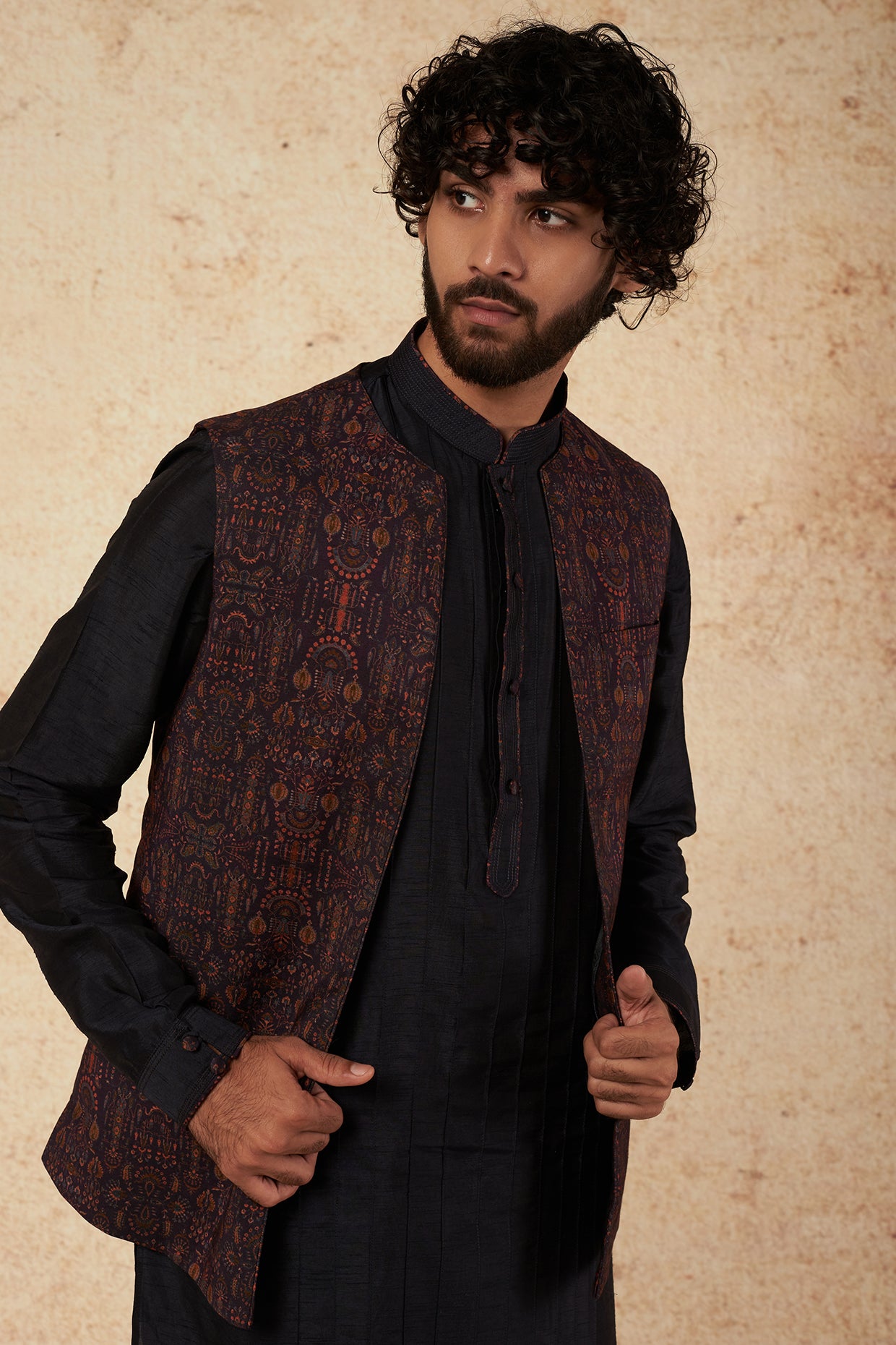 Wine Printed Bundi Jacket With Kurta Set