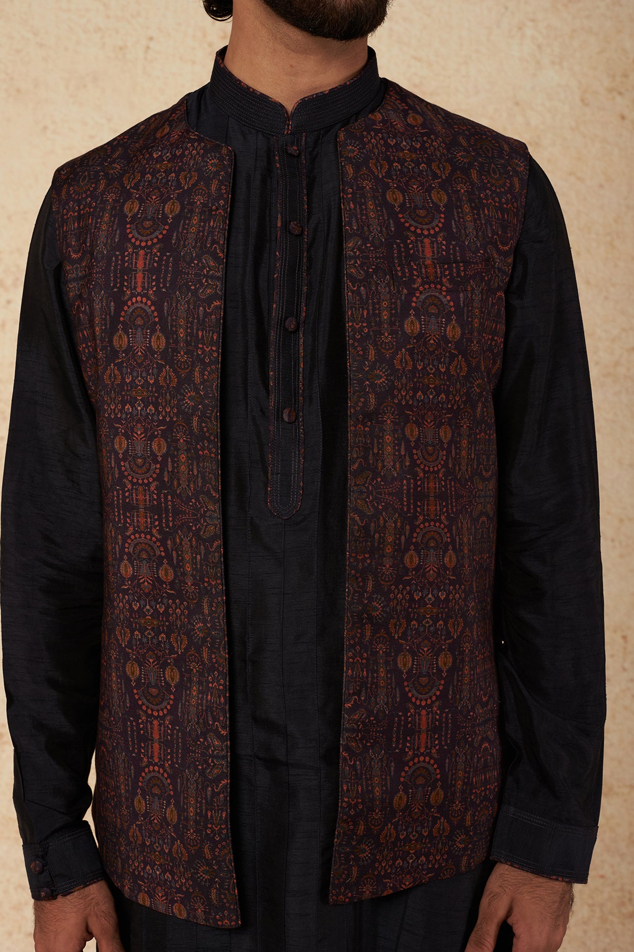 Wine Printed Bundi Jacket With Kurta Set