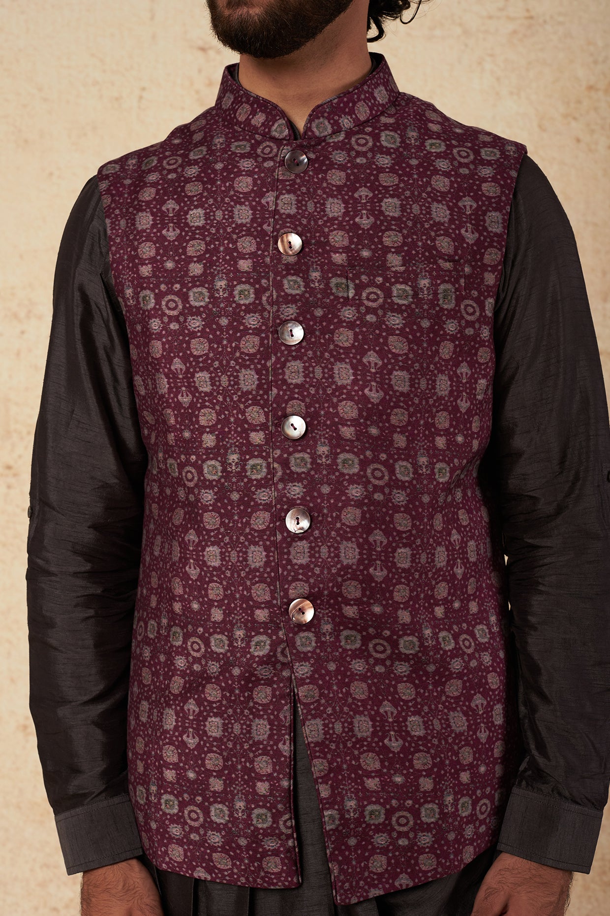 Magenta Printed Bundi Jacket With Kurta Set