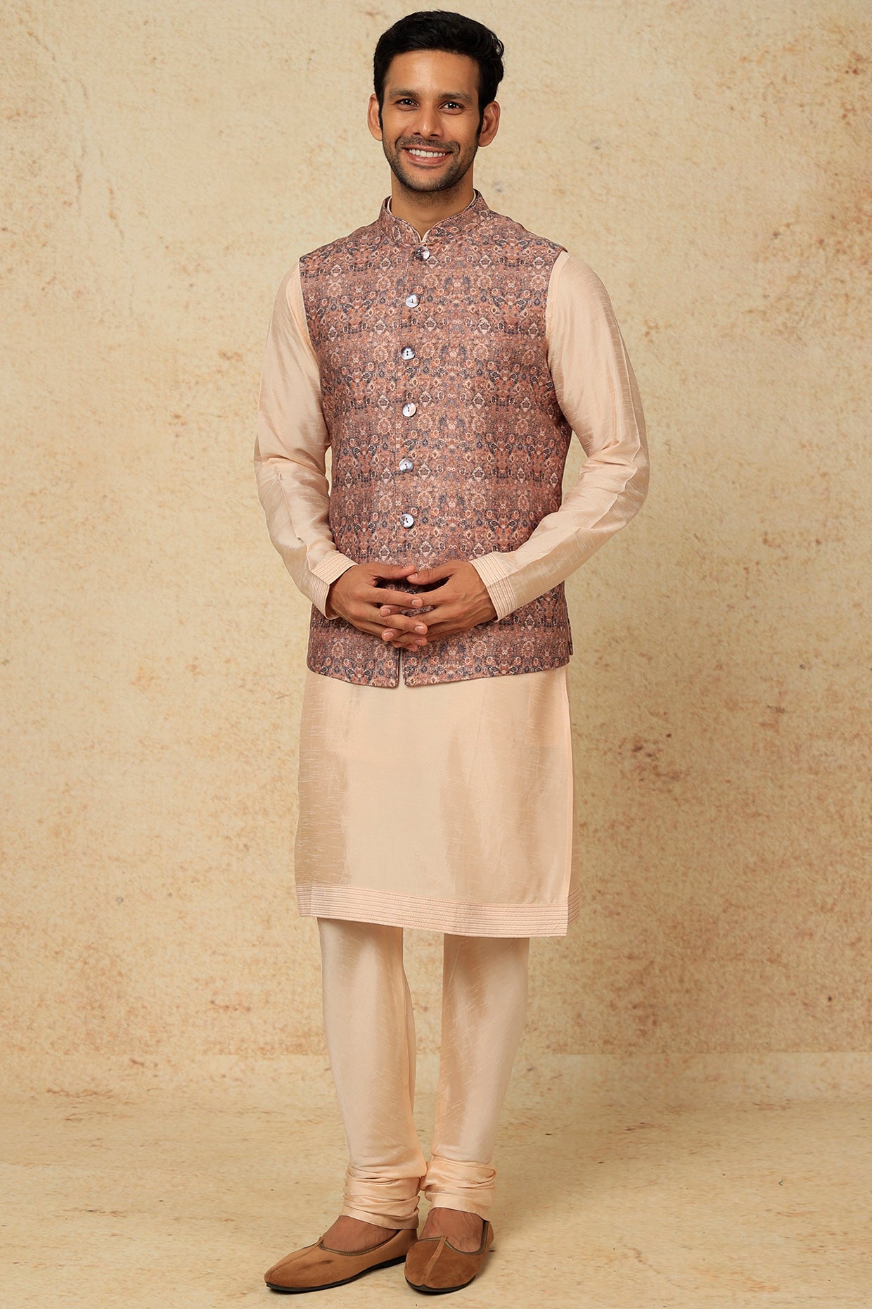 Brown Printed Bundi Jacket With Kurta Set