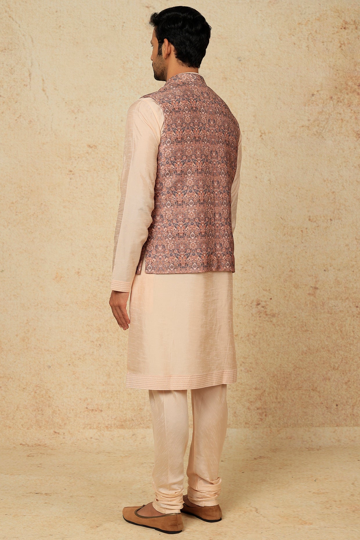 Brown Printed Bundi Jacket With Kurta Set