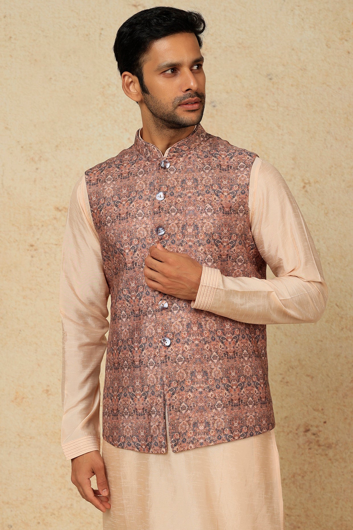 Brown Printed Bundi Jacket With Kurta Set