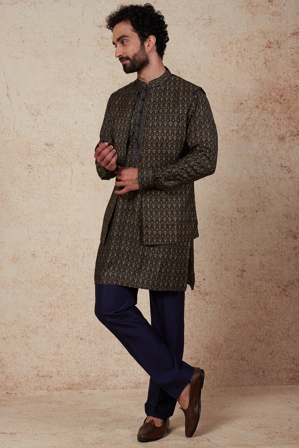 Teal Printed Open Bundi Jacket With Kurta Set