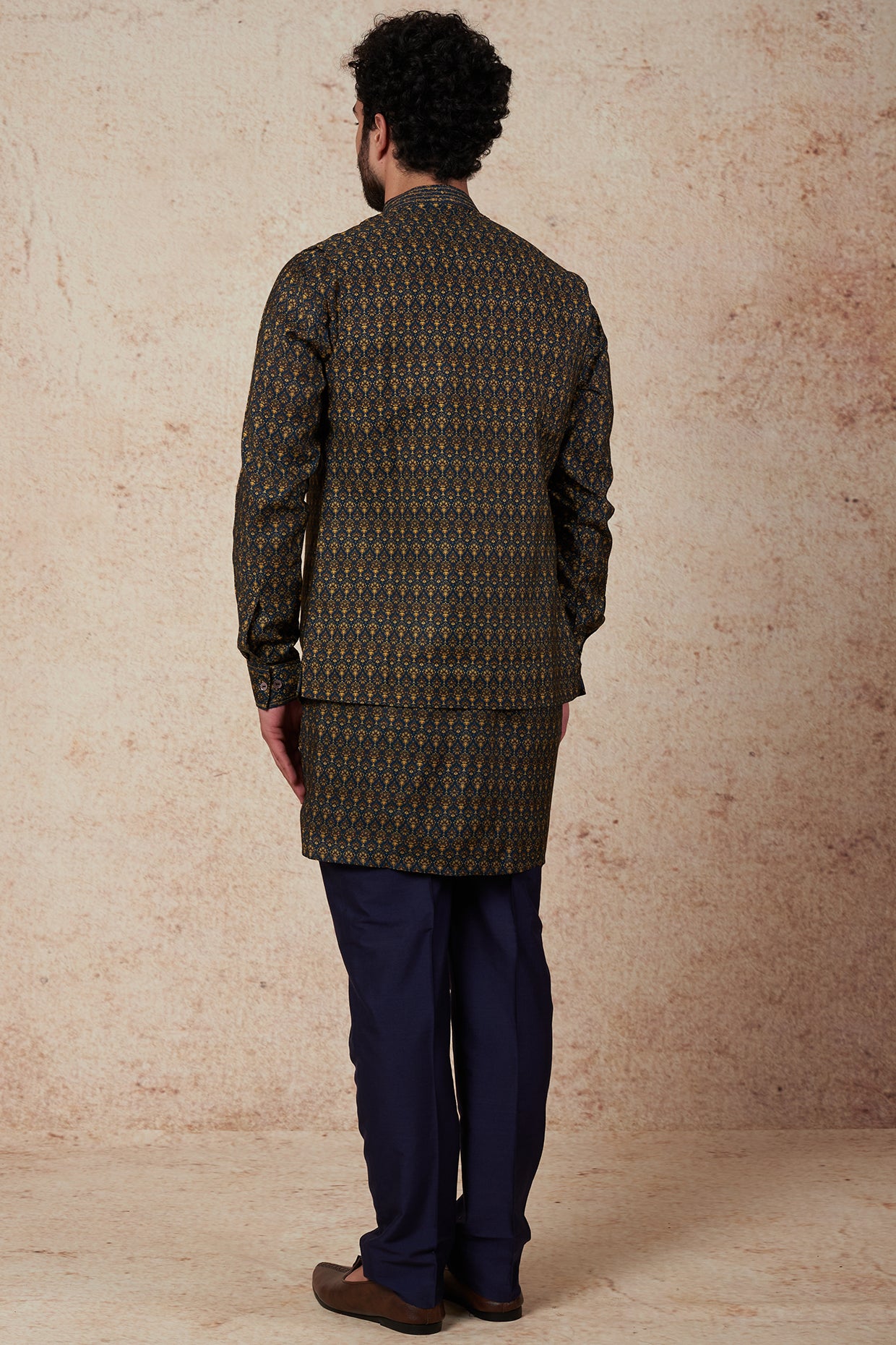 Teal Printed Open Bundi Jacket With Kurta Set