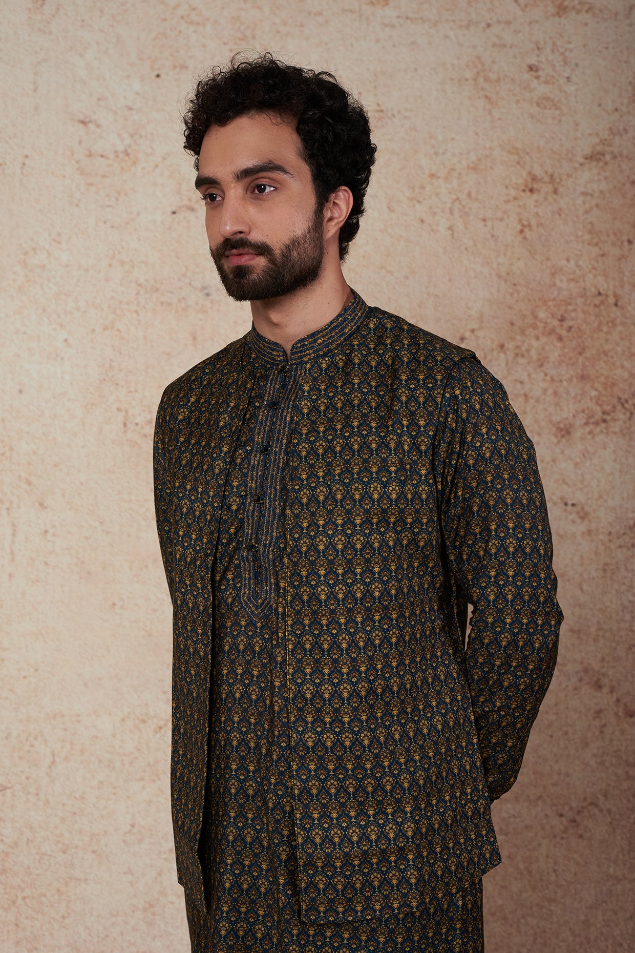 Teal Printed Open Bundi Jacket With Kurta Set