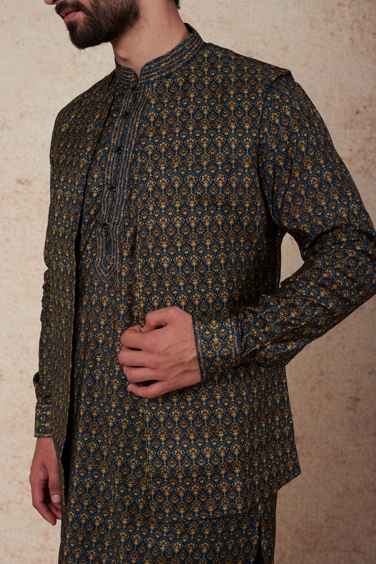 Teal Printed Open Bundi Jacket With Kurta Set