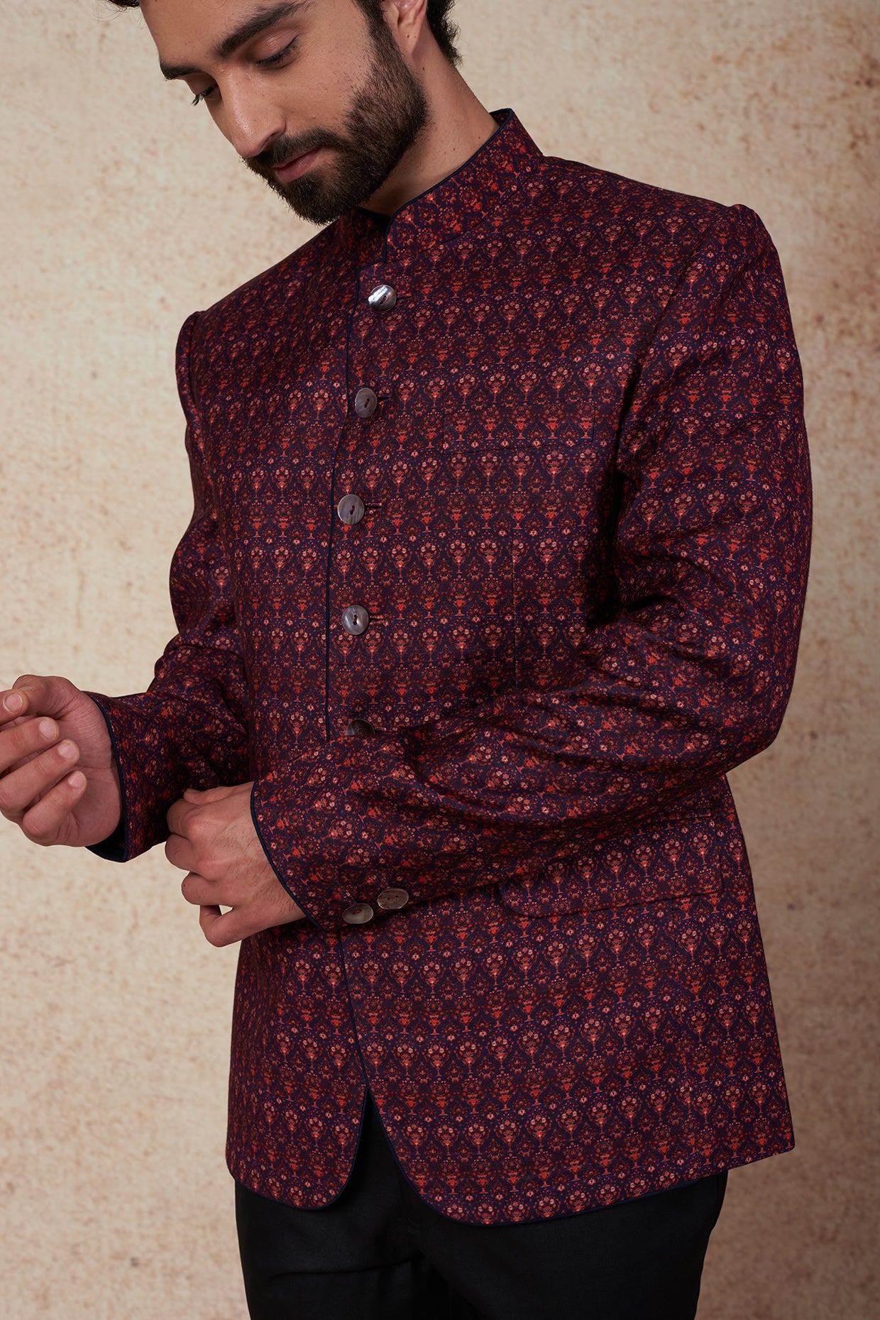 Magenta Printed Bandhgala
