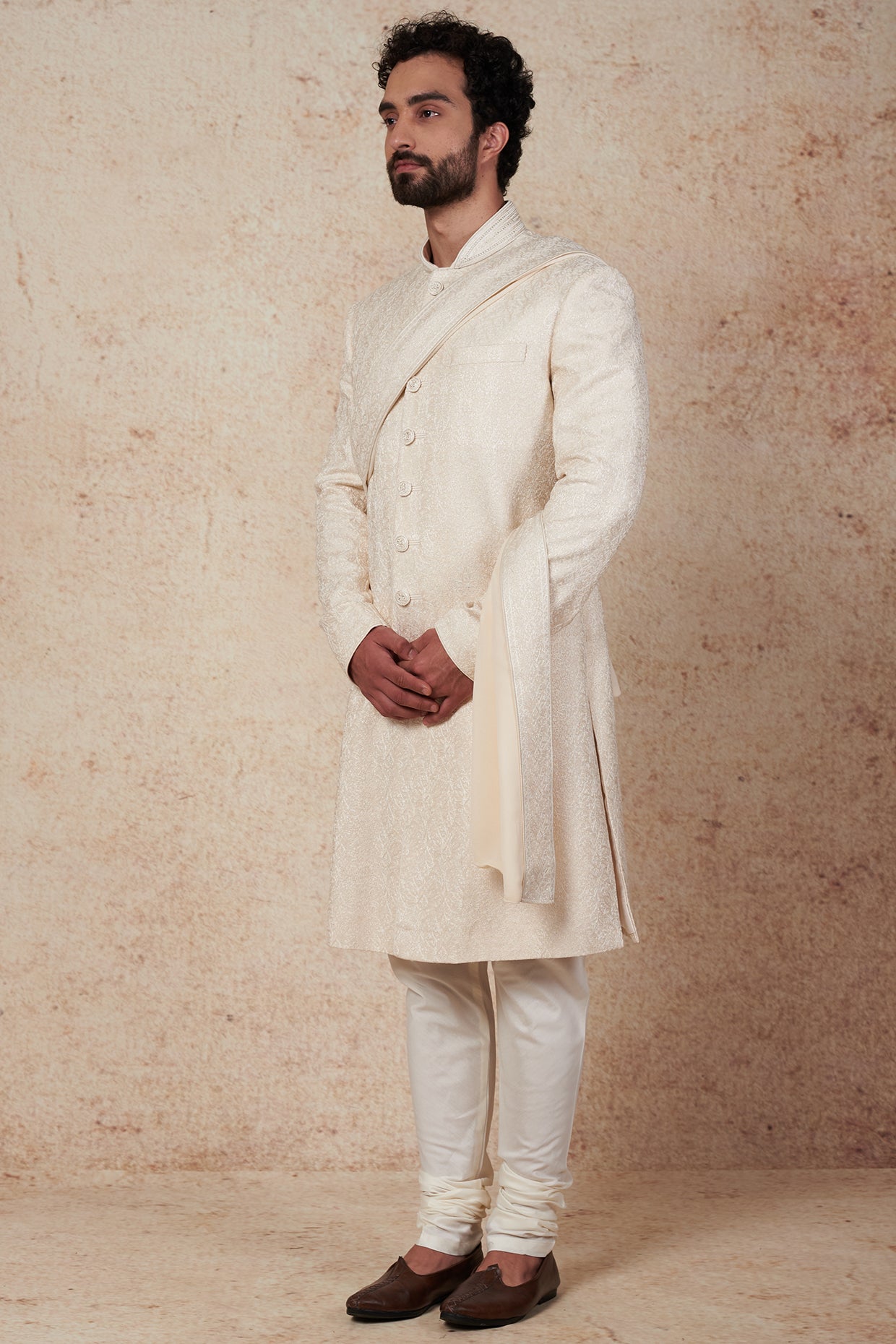 Pearl Chanderi Silk Sherwani Set