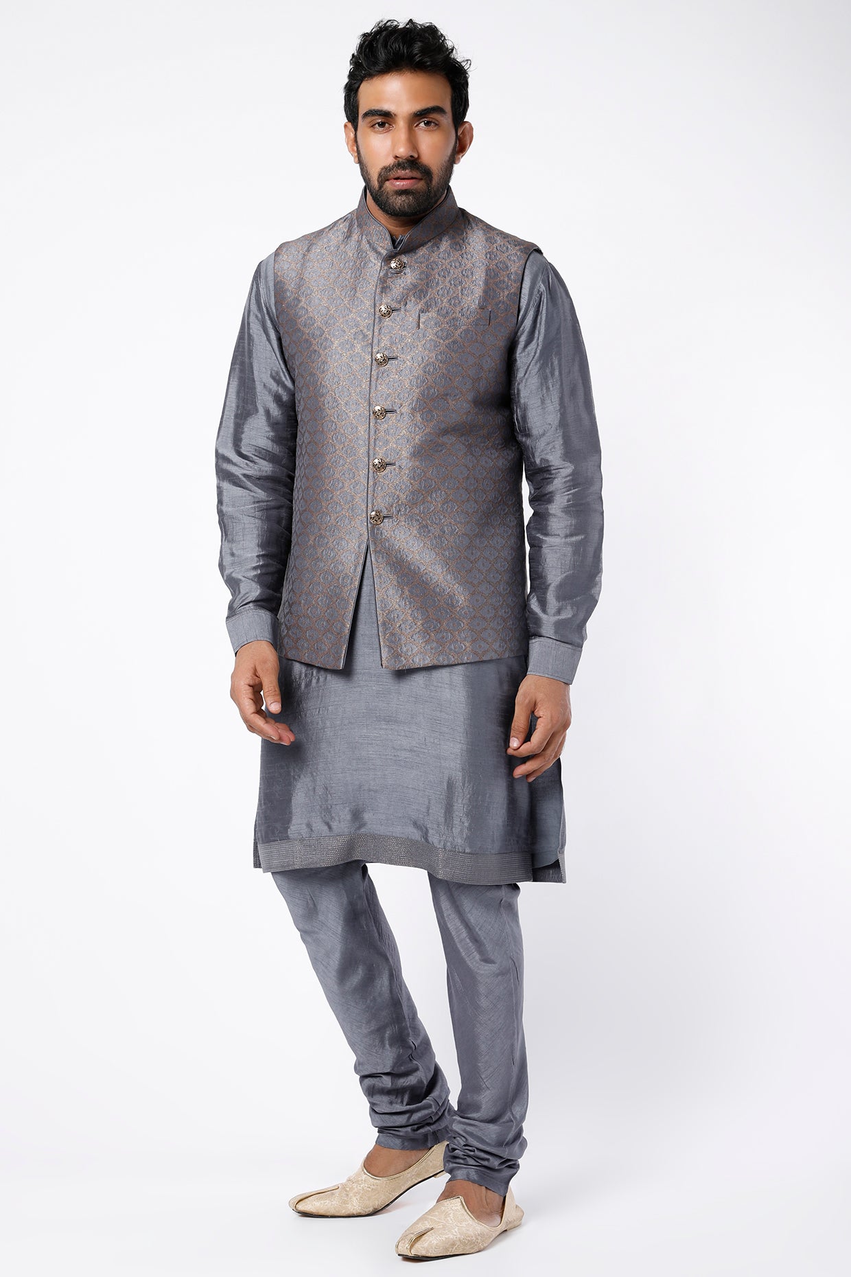 Grey Kurta Set With Bundi Jacket