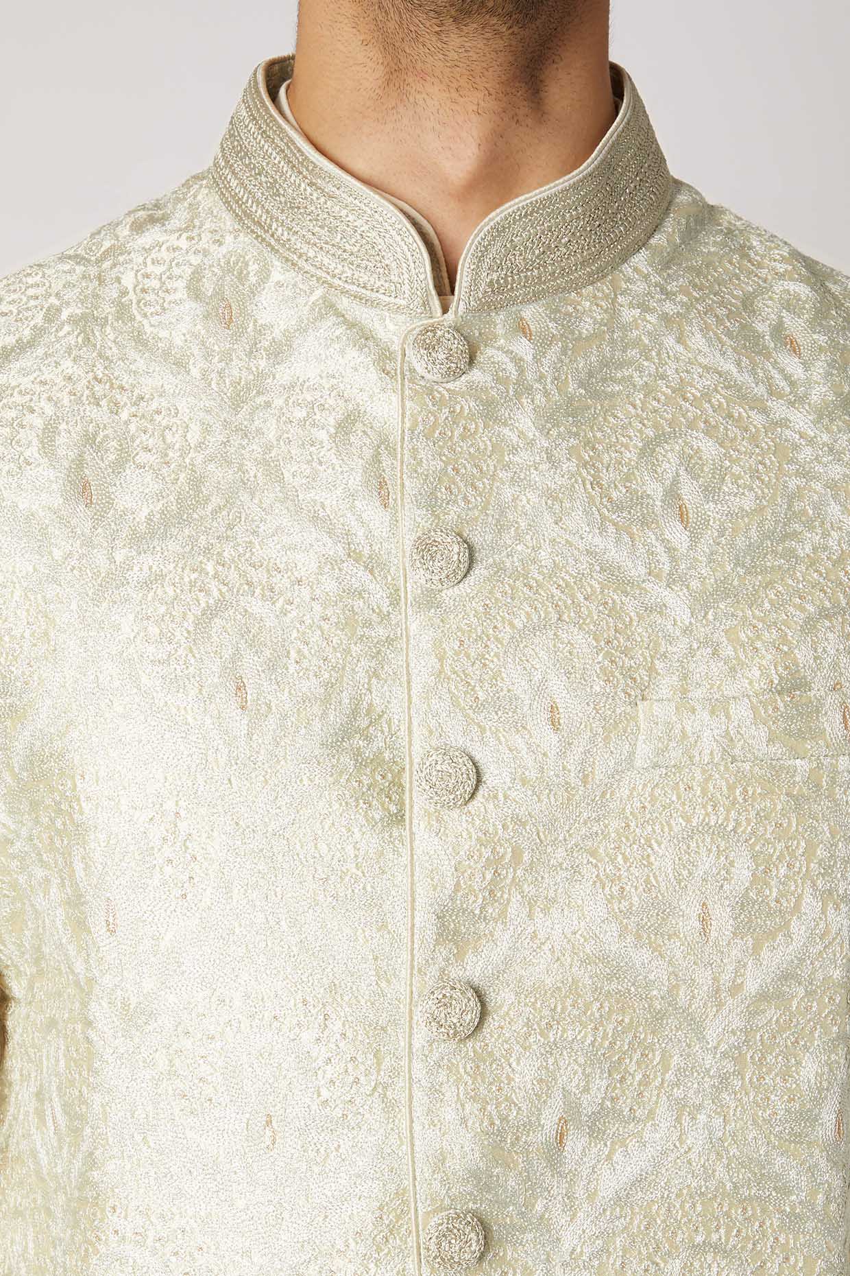 Mint Green Embroidered Kurta Set With Bundi Jacket