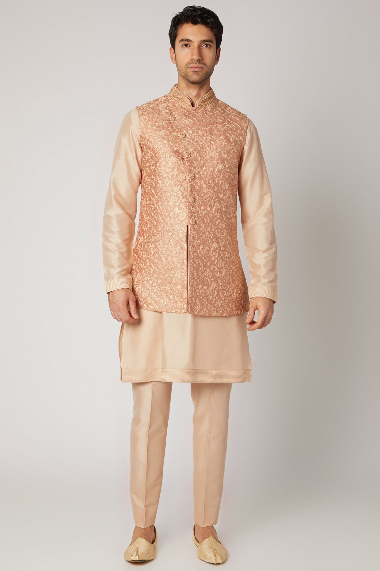 Peach Embroidered Kurta Set With Bundi Jacket