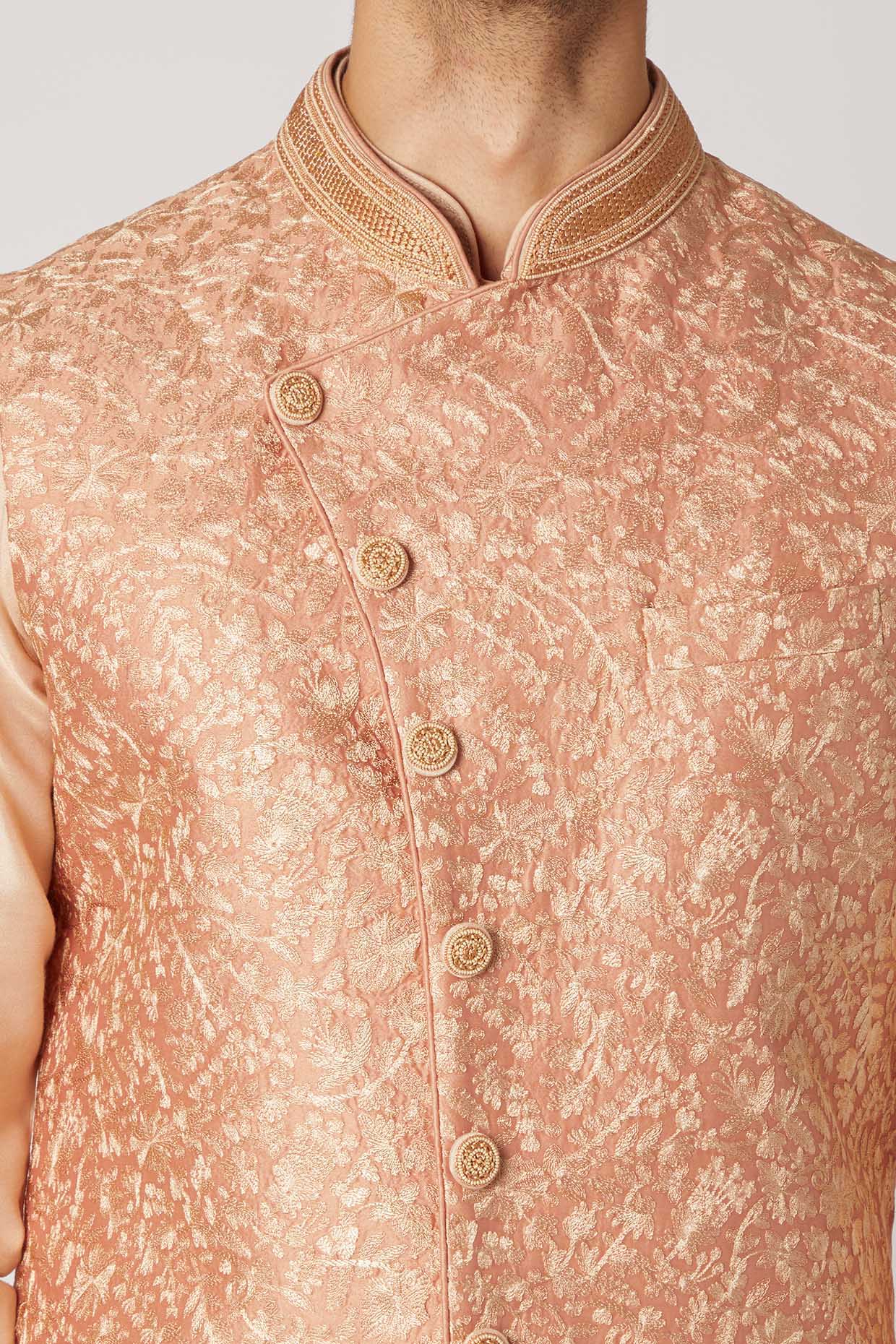 Peach Embroidered Kurta Set With Bundi Jacket