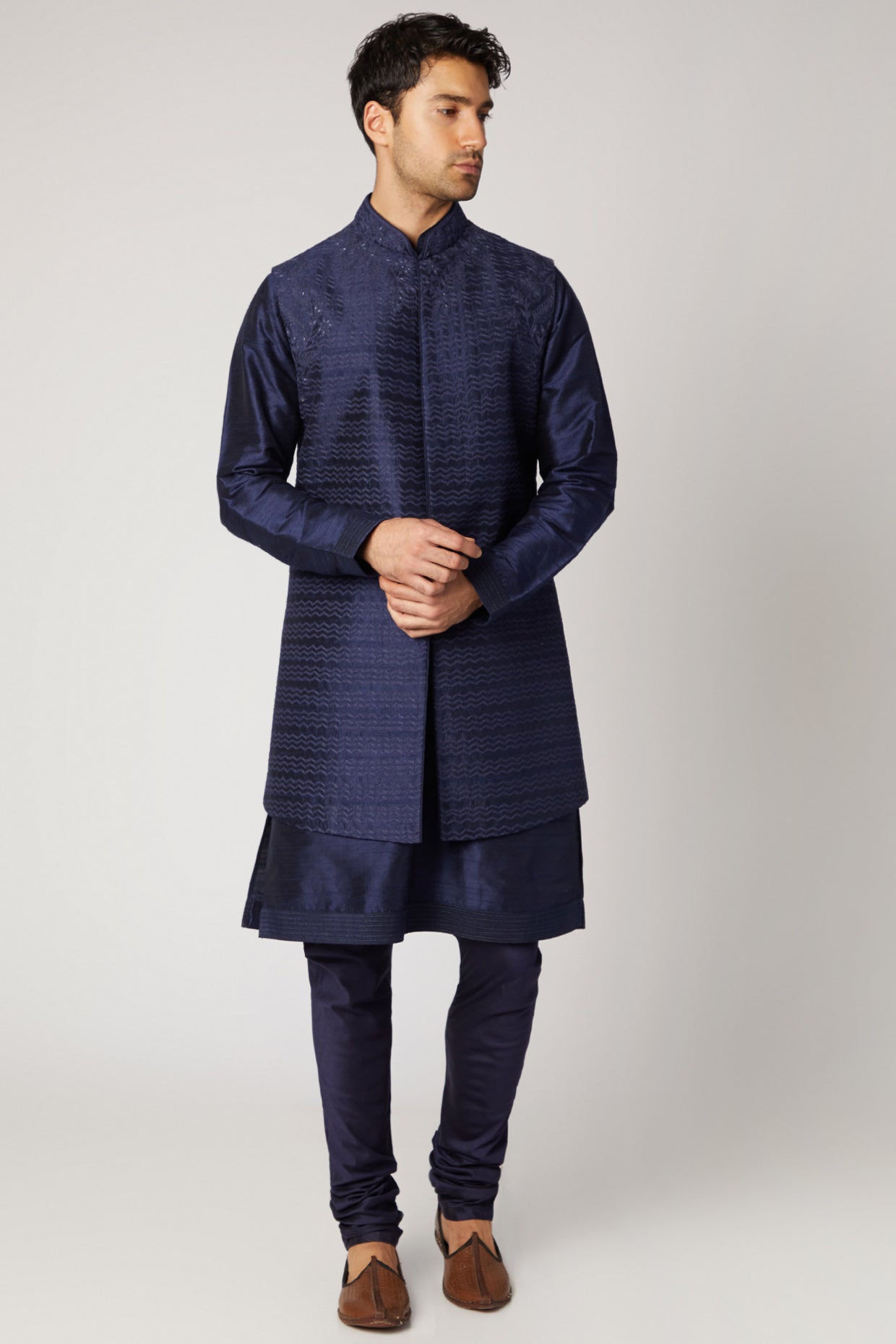Cobalt Blue Embroidered Kurta Set With Bundi Jacket
