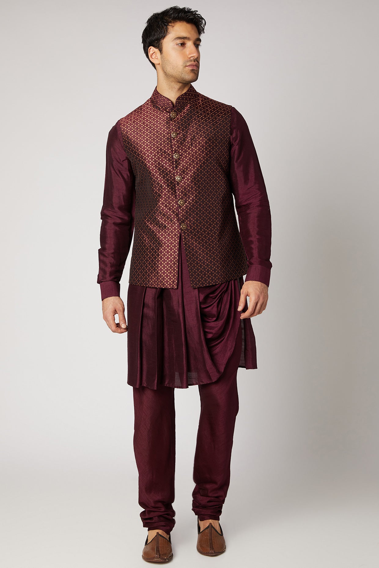Maroon Silk Kurta Set With Bundi Jacket