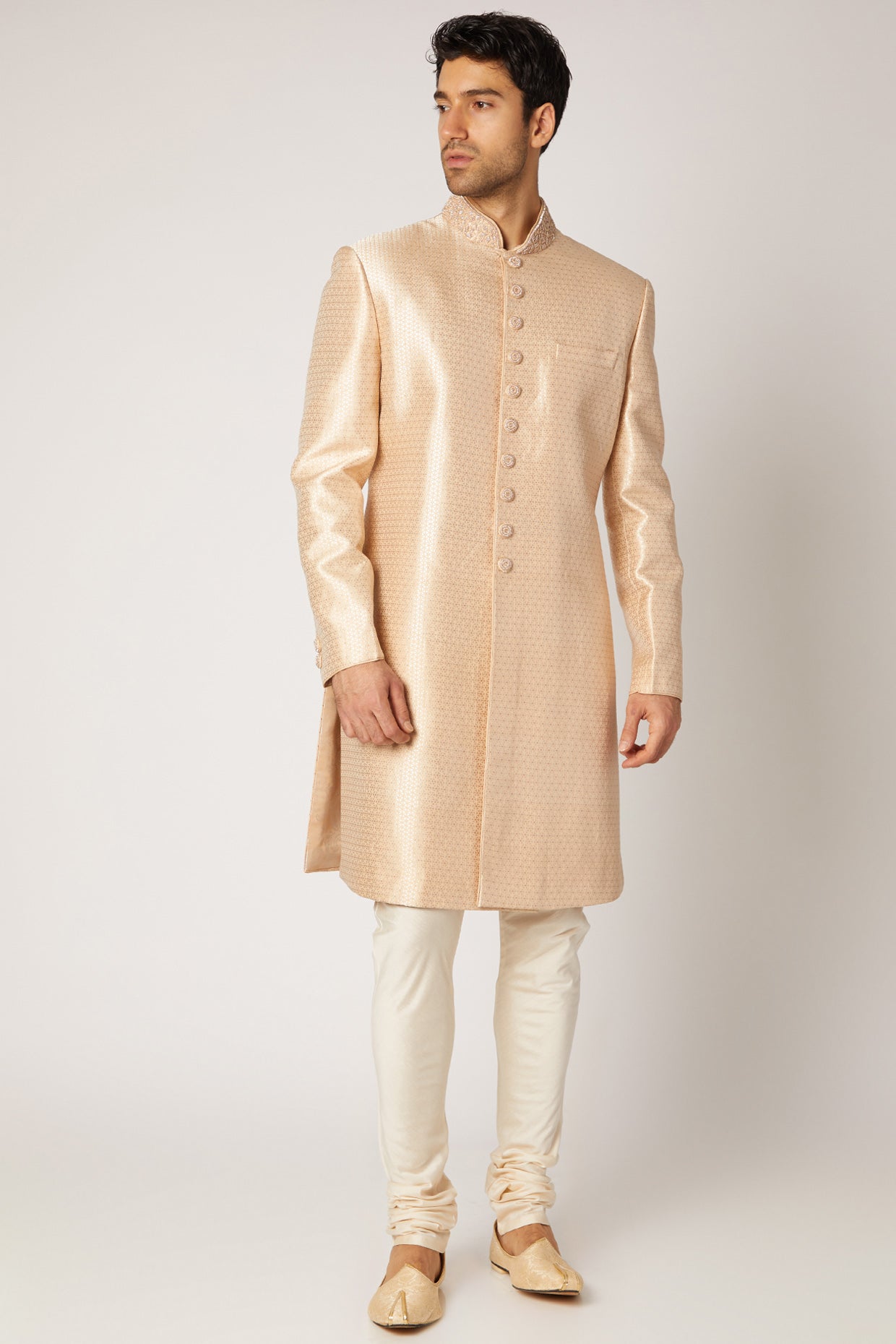 Peach Silk Sherwani With Churidar Pants