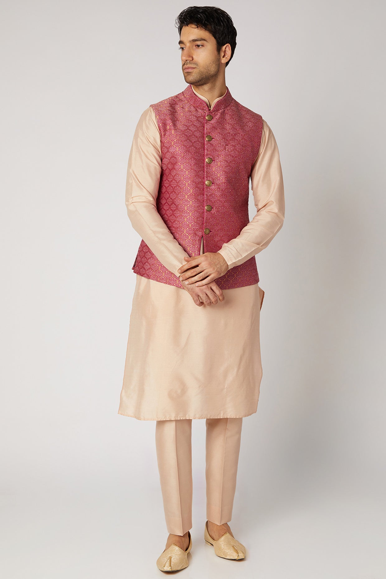 Peach Kurta With Churidar Pants & Bundi Jacket