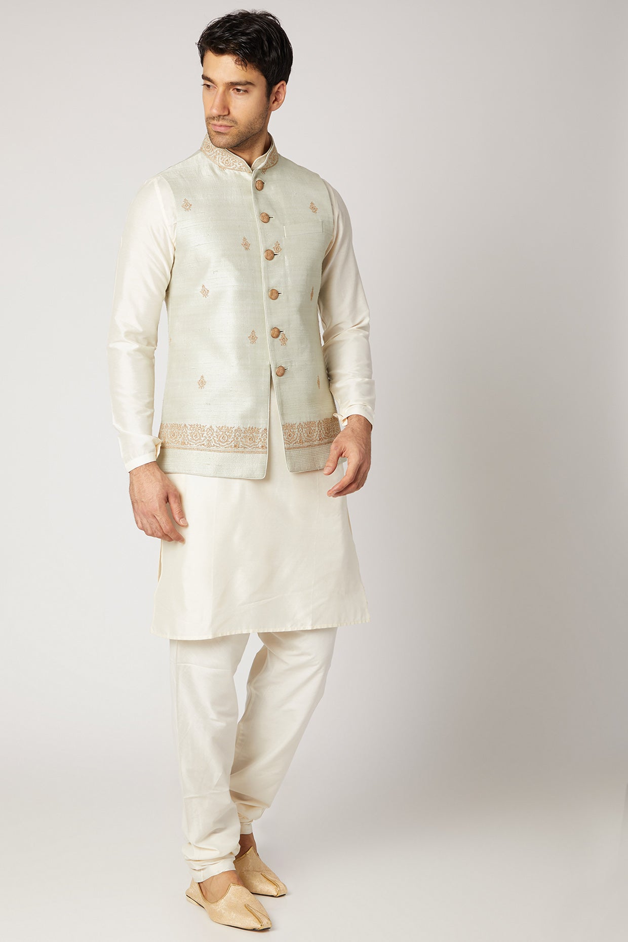 Mint Green Kurta Set With Bundi Jacket