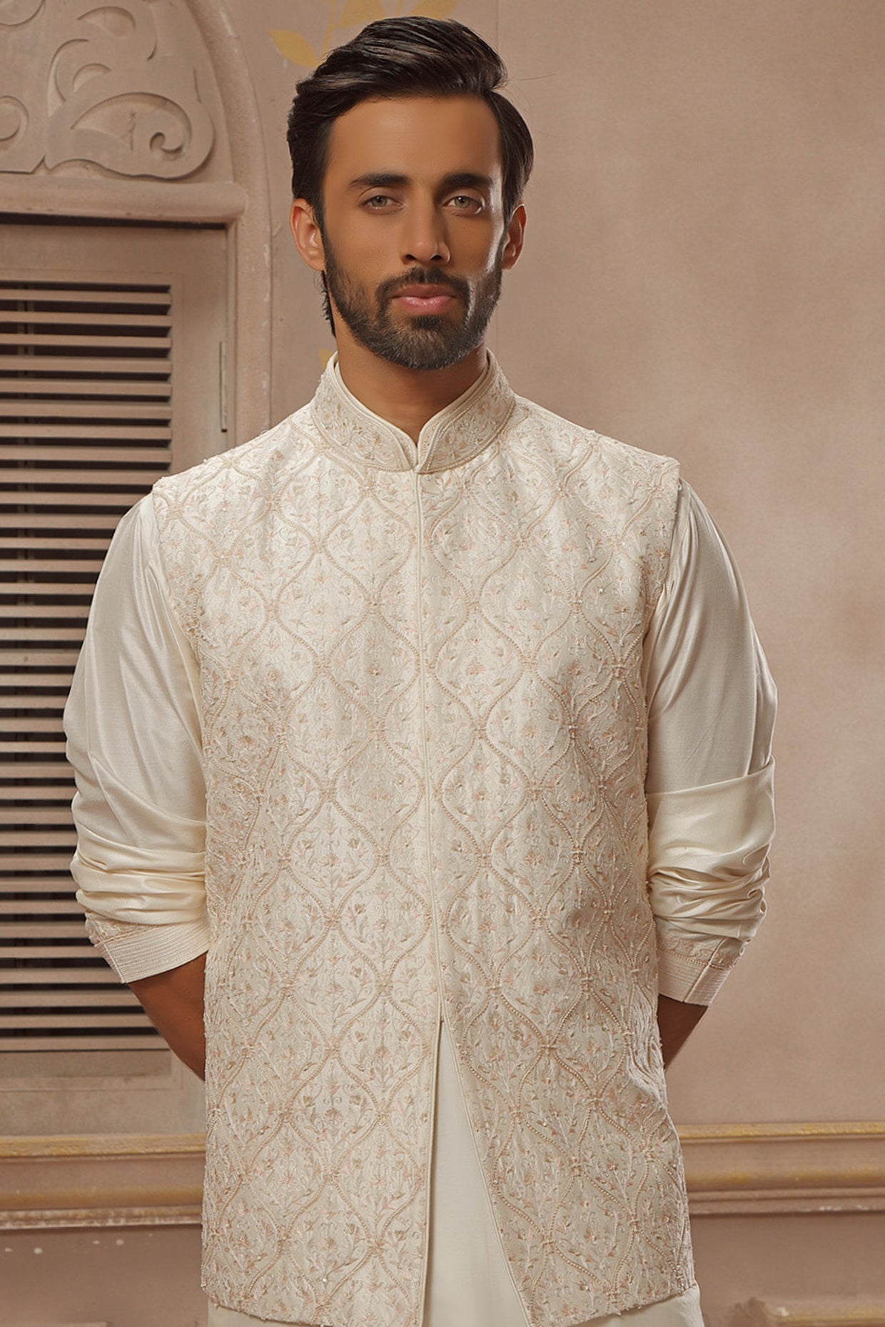 Pearl White Embroidered Kurta Set With Bundi Jacket