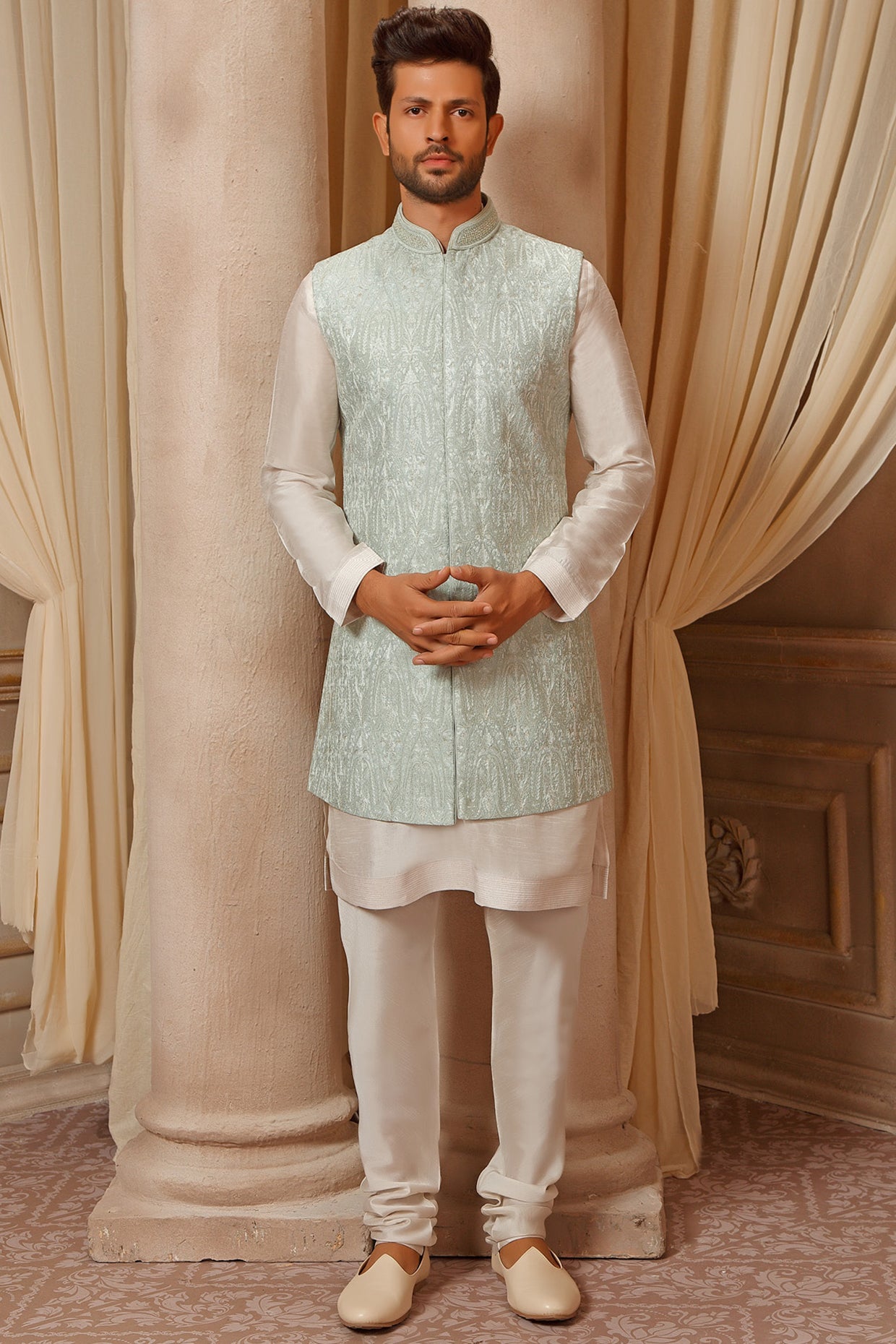 Silver Embroidered Sherwani Set With Dupatta