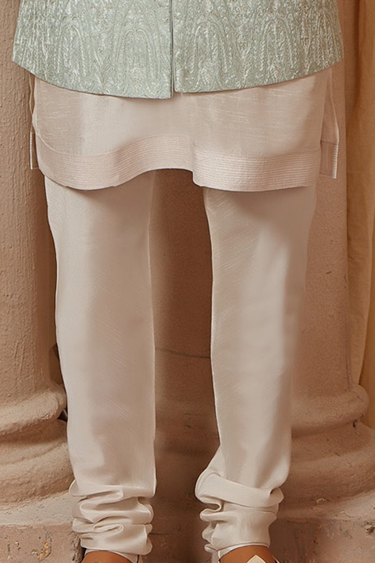 Silver Embroidered Kurta Set With Mint Long Bundi Jacket