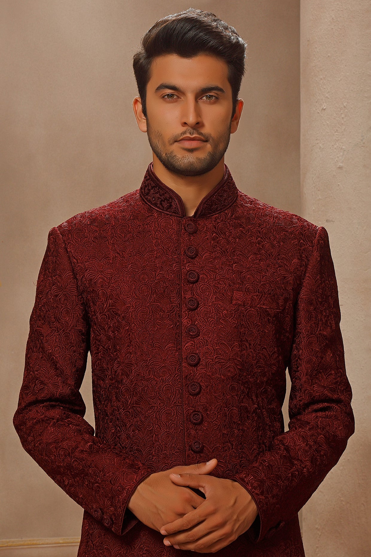 Wine Embroidered Bandhgala Jacket Set