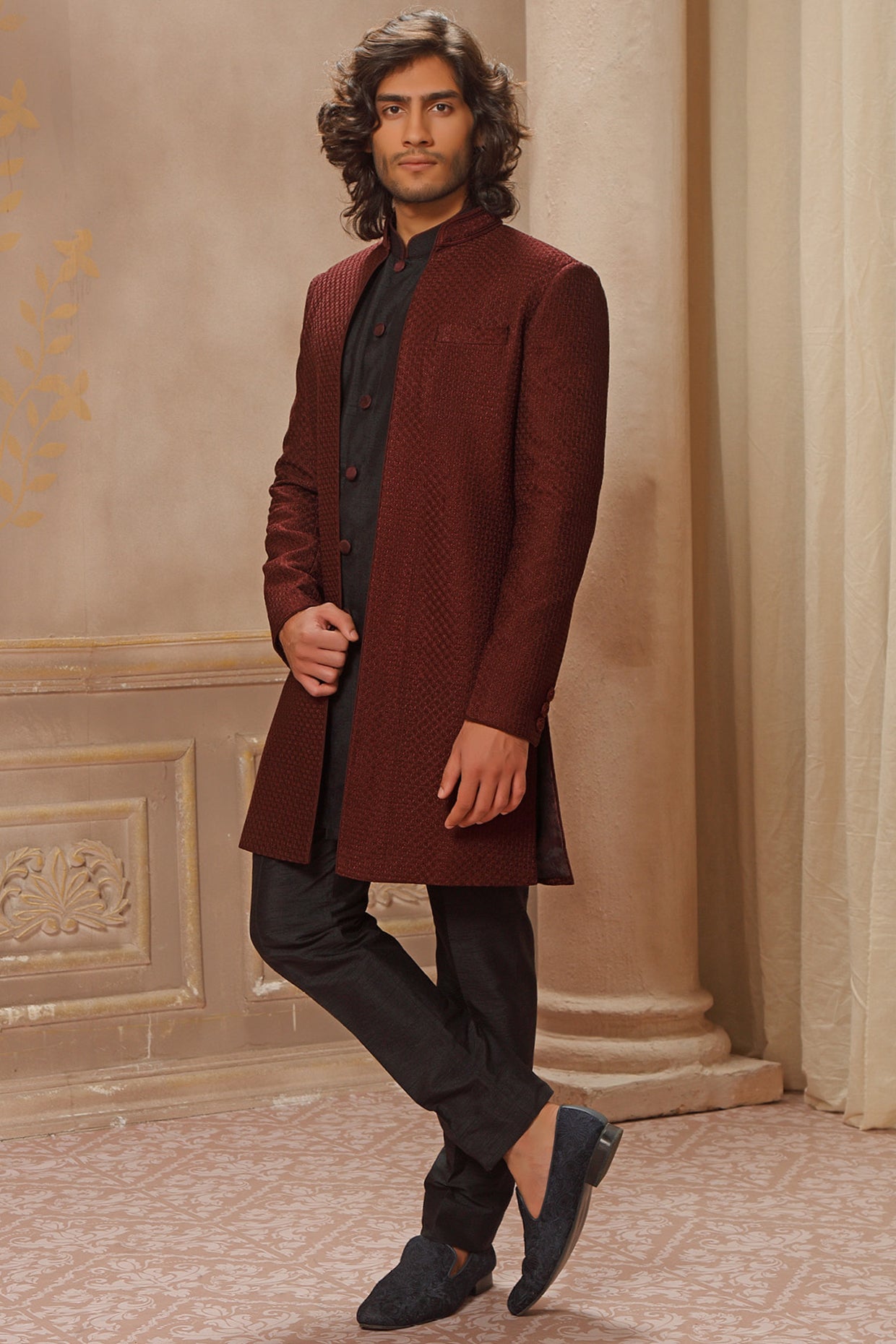 Wine Hand Embroidered Bandhgala Jacket Set