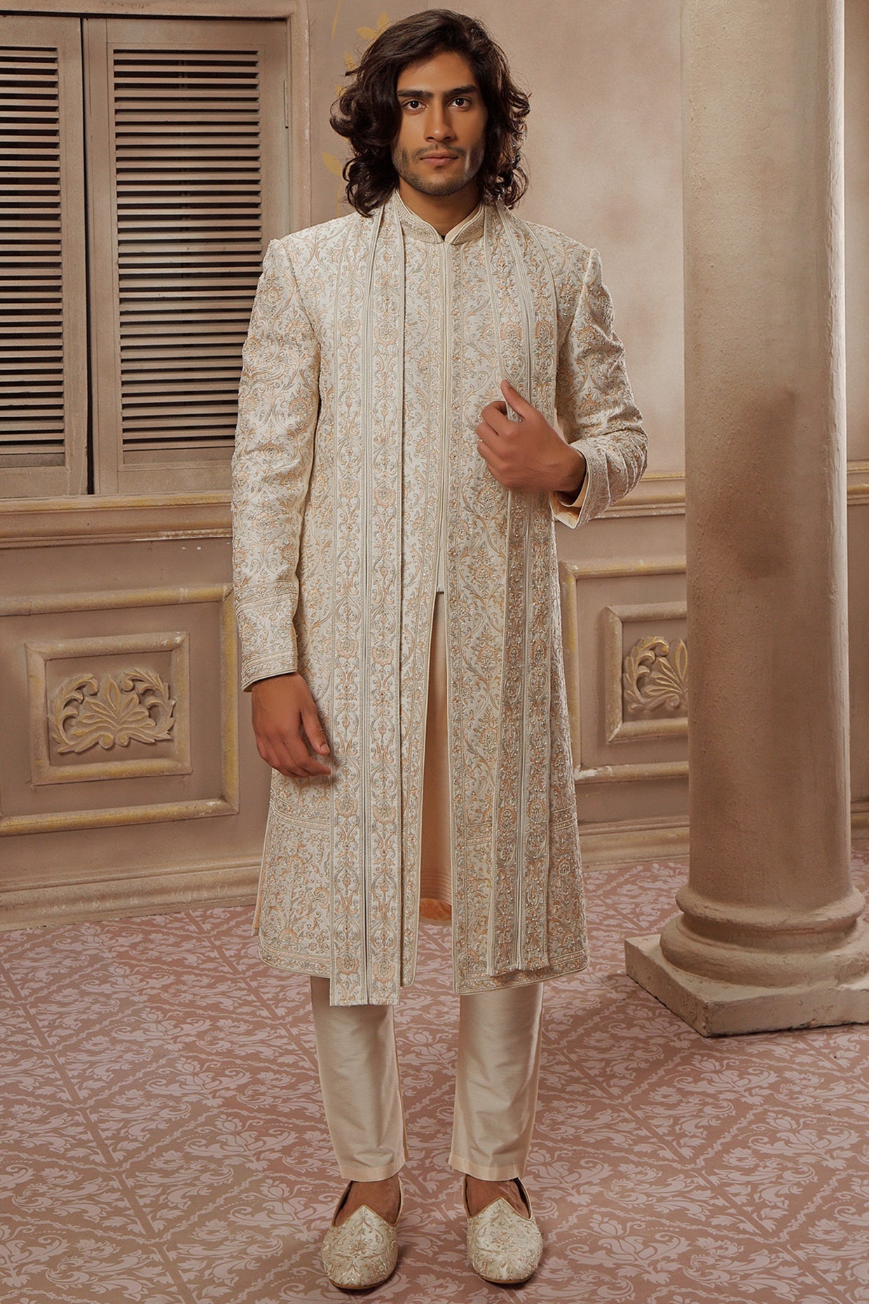 Cream Aari Hand Embroidered Sherwani Set