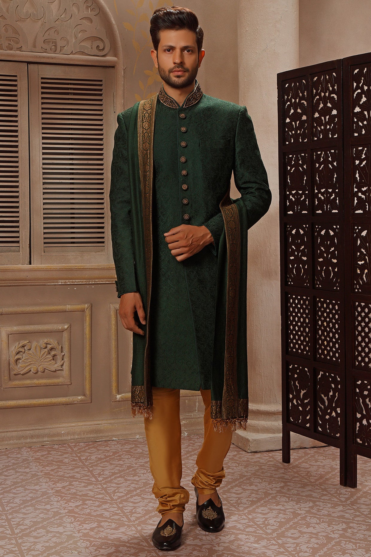 Poker Green Hand Embroidered Sherwani Set