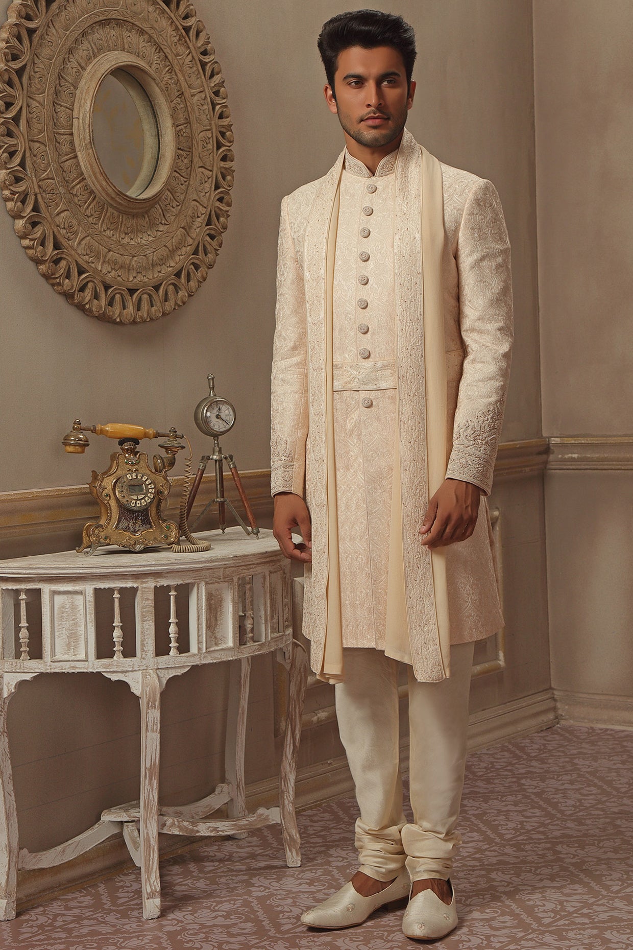 Pearl White Hand Embroidered Sherwani Set