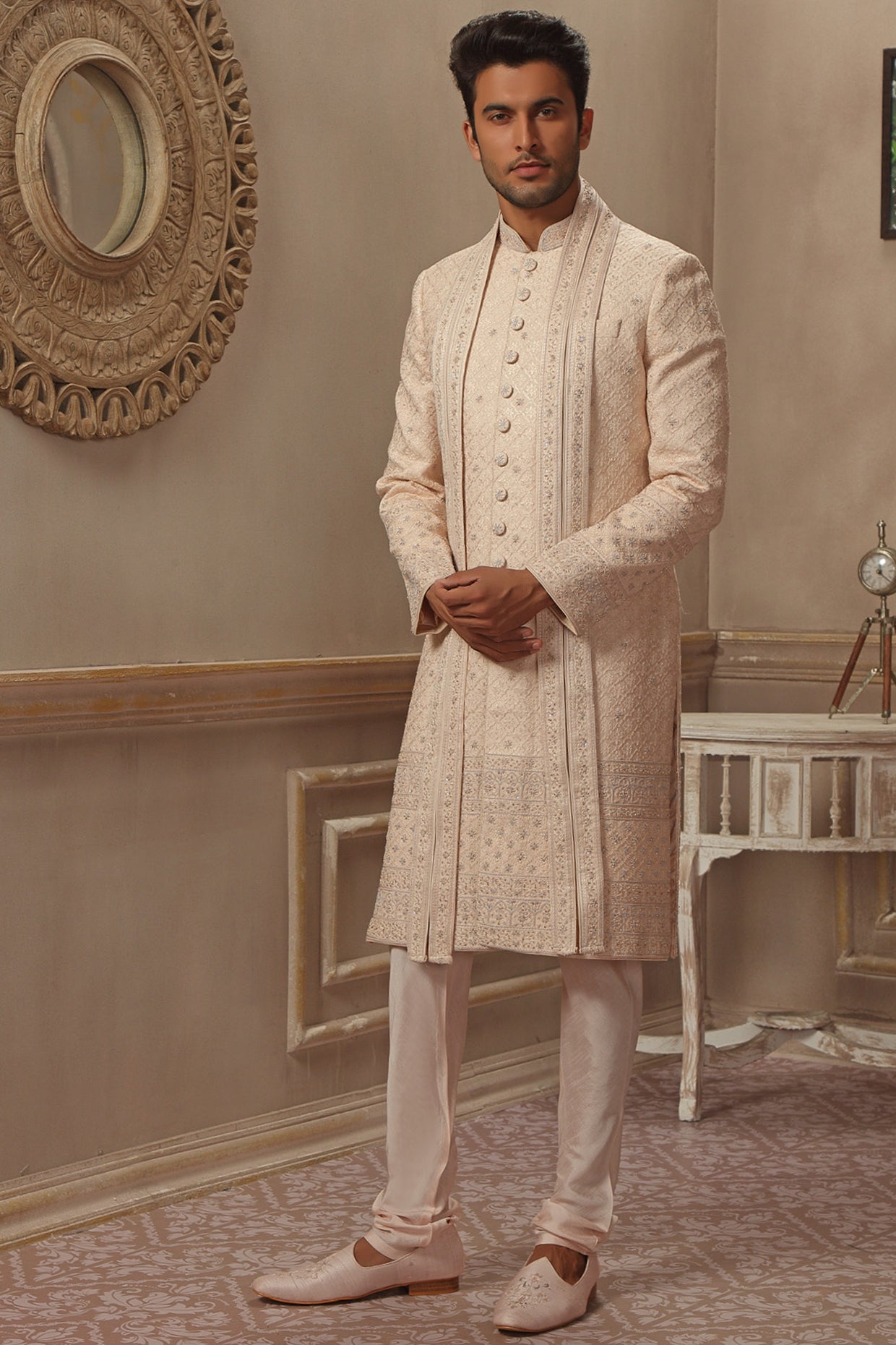 Blush Peach Sherwani Set With Hand Embroidery
