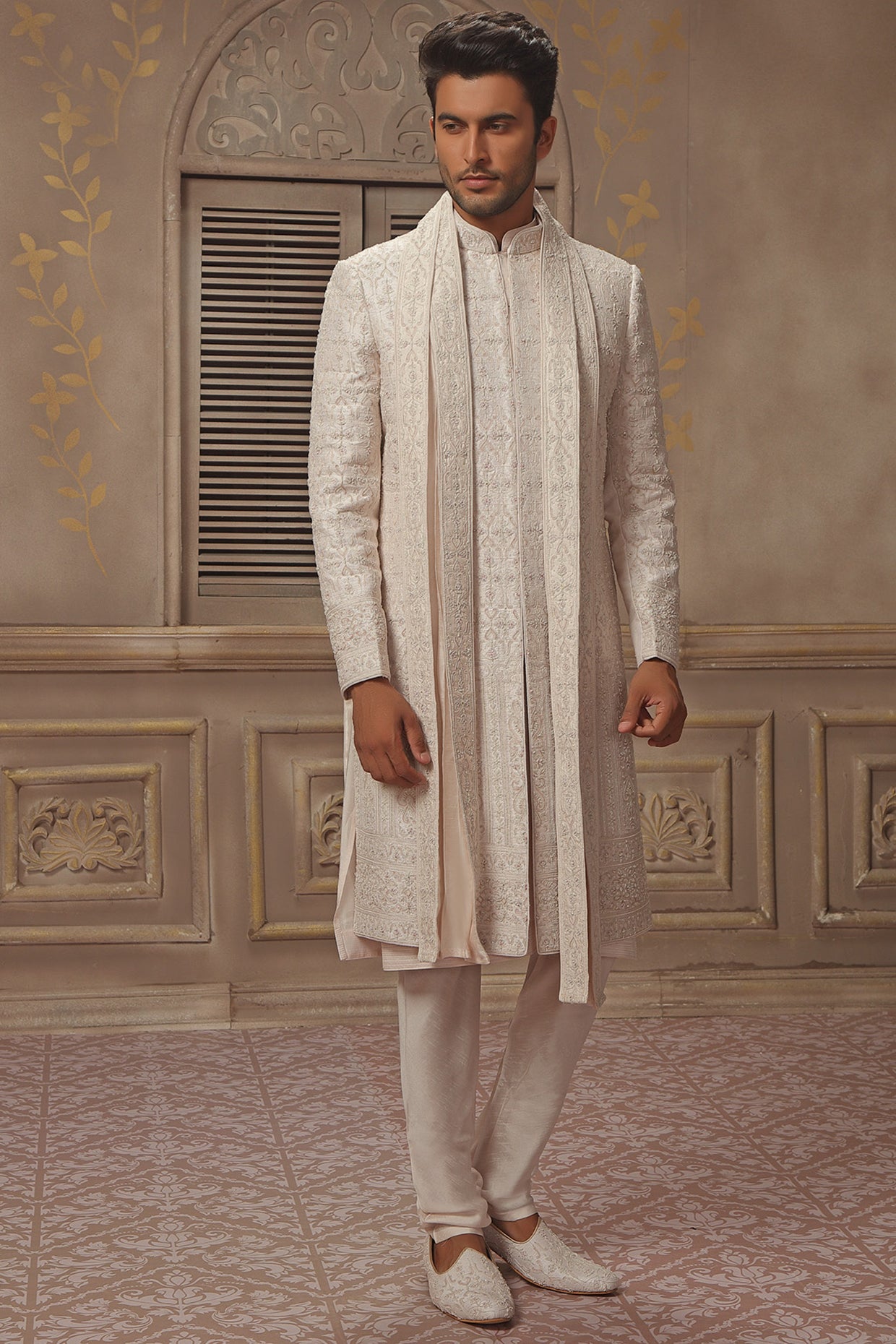 Crystal Pink Sherwani Set With Aari Hand Embroidery