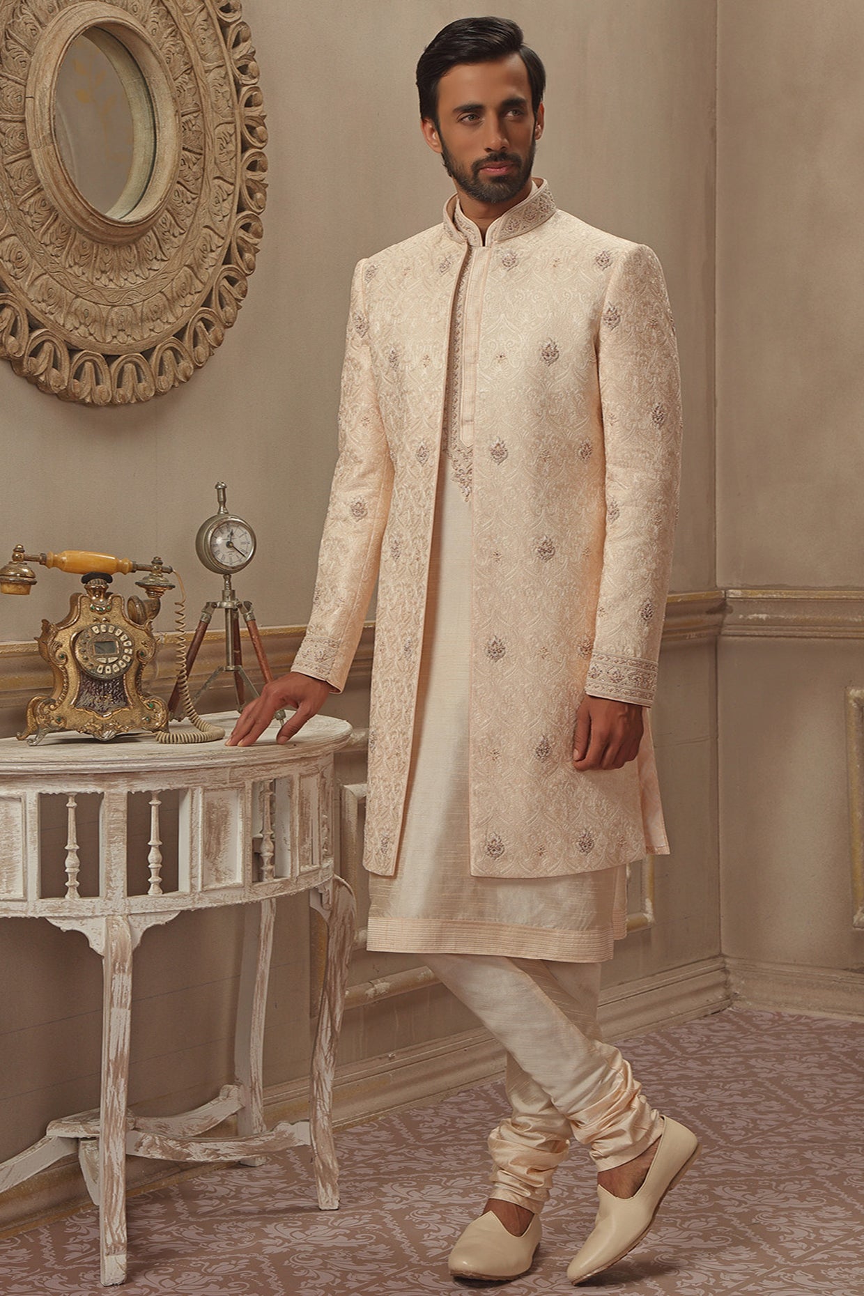 Peach Hand Embroidered Sherwani Set