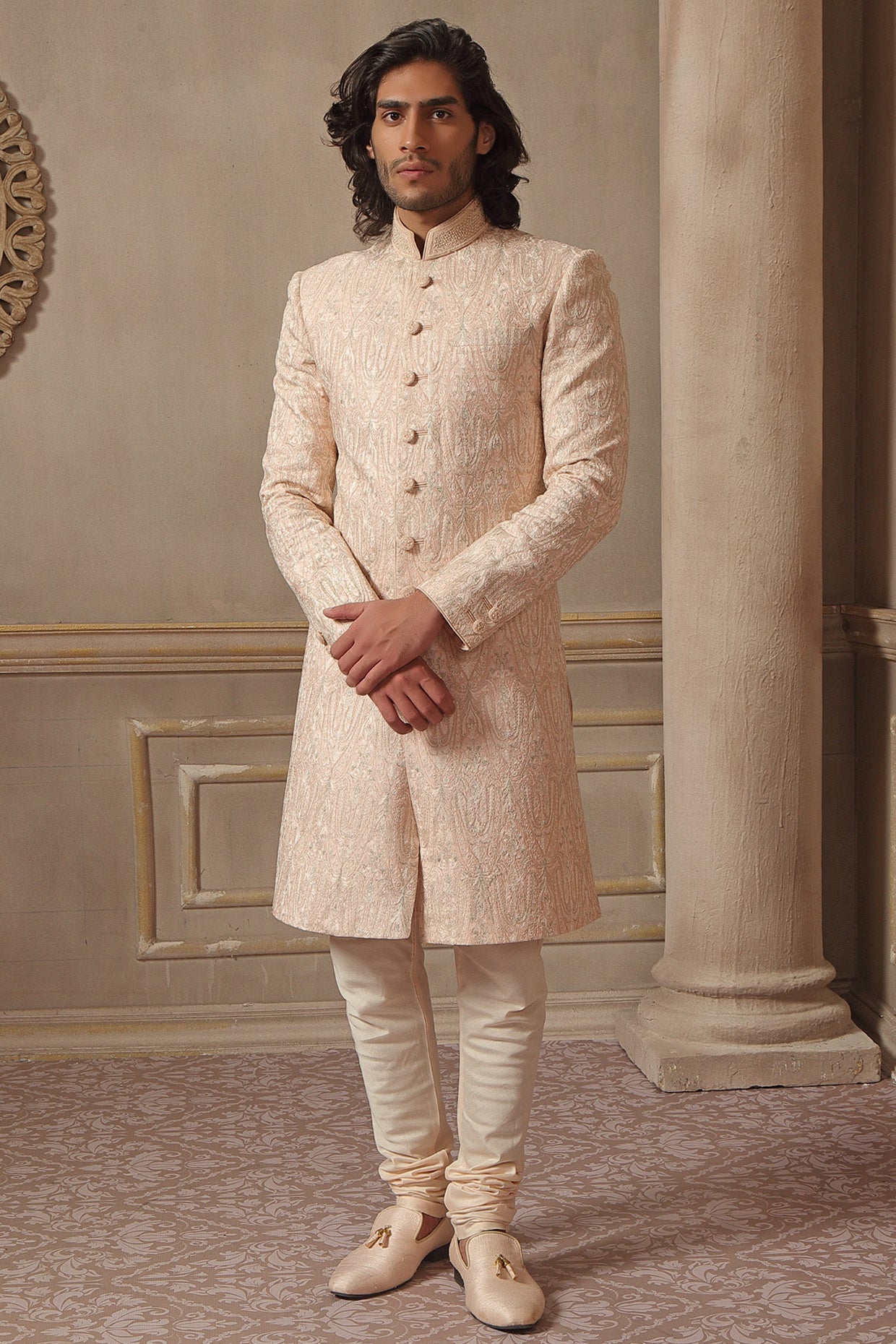 Peach Sherwani Set With Hand Embroidery