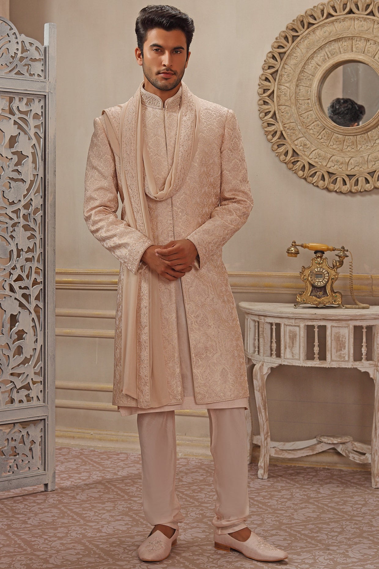 Blush Peach Sherwani Set With Embroidery