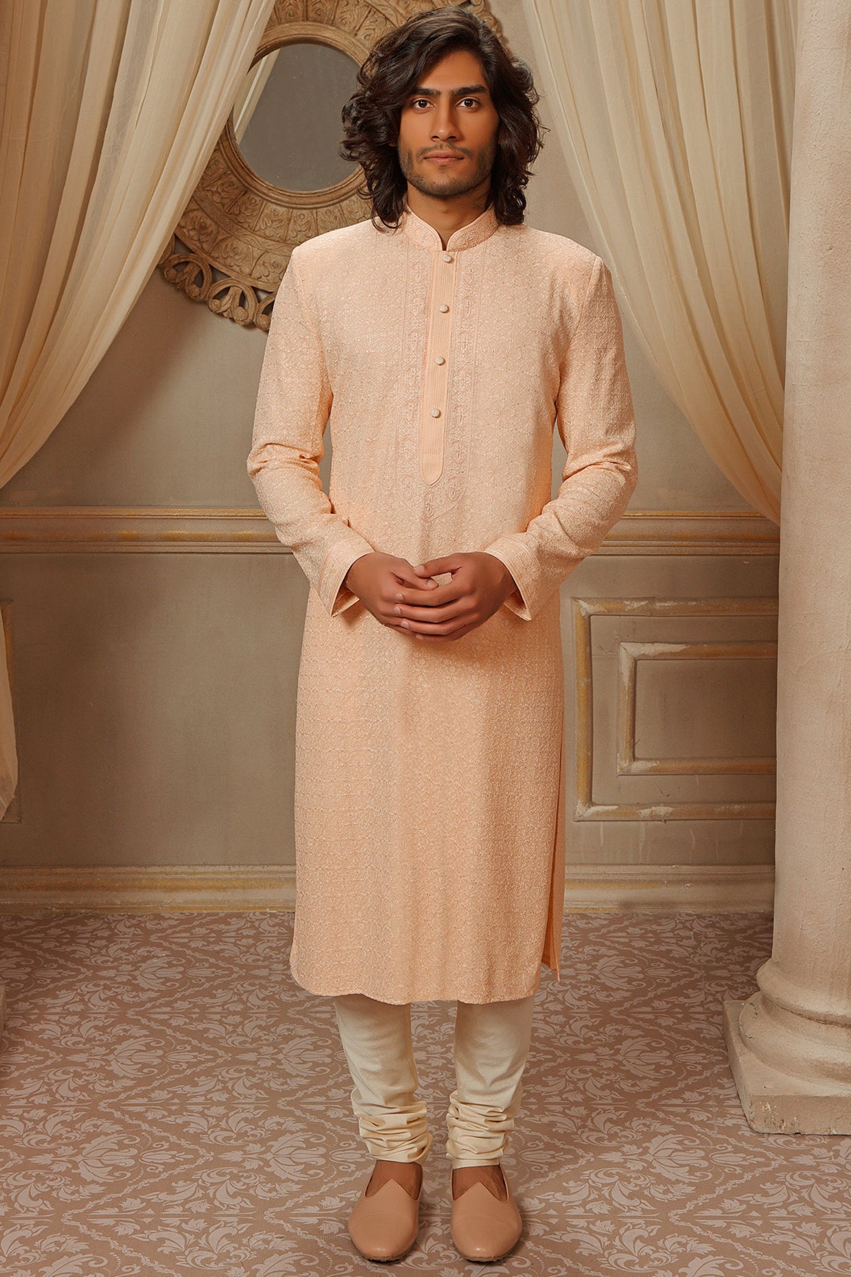 Peach Lucknowi Embroidered Kurta Set