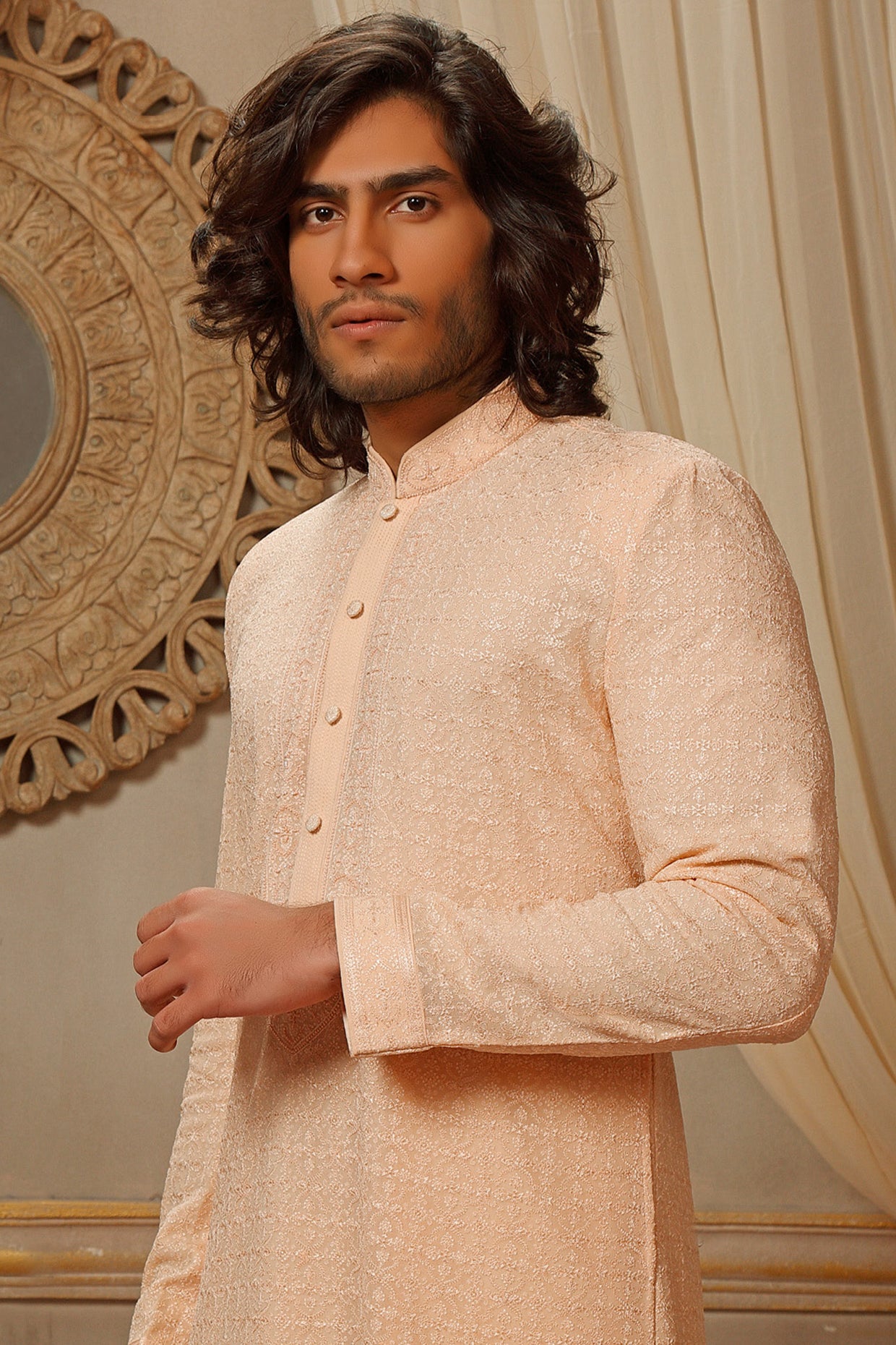 Peach Lucknowi Embroidered Kurta Set
