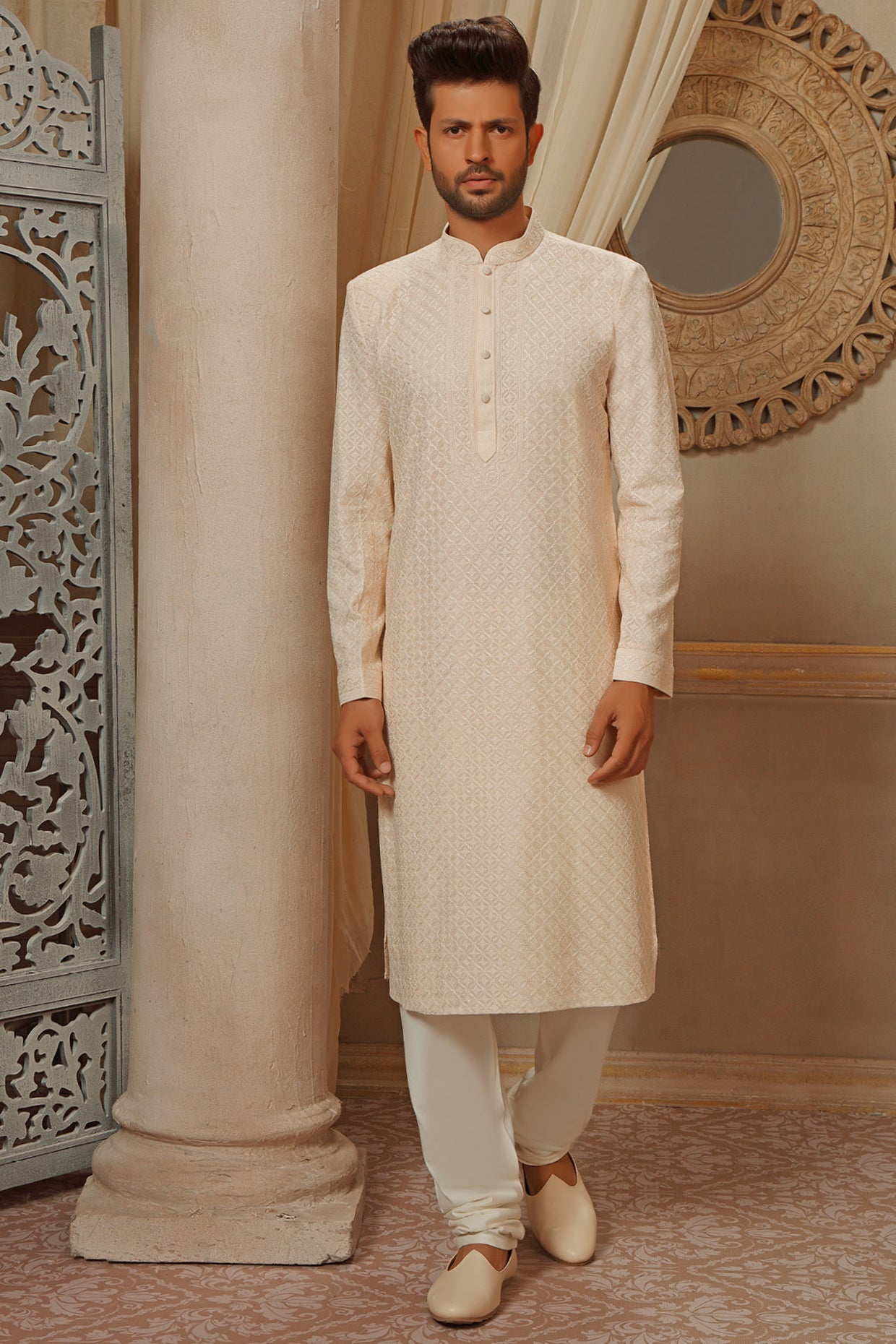 Cream Lucknowi Embroidered Kurta Set