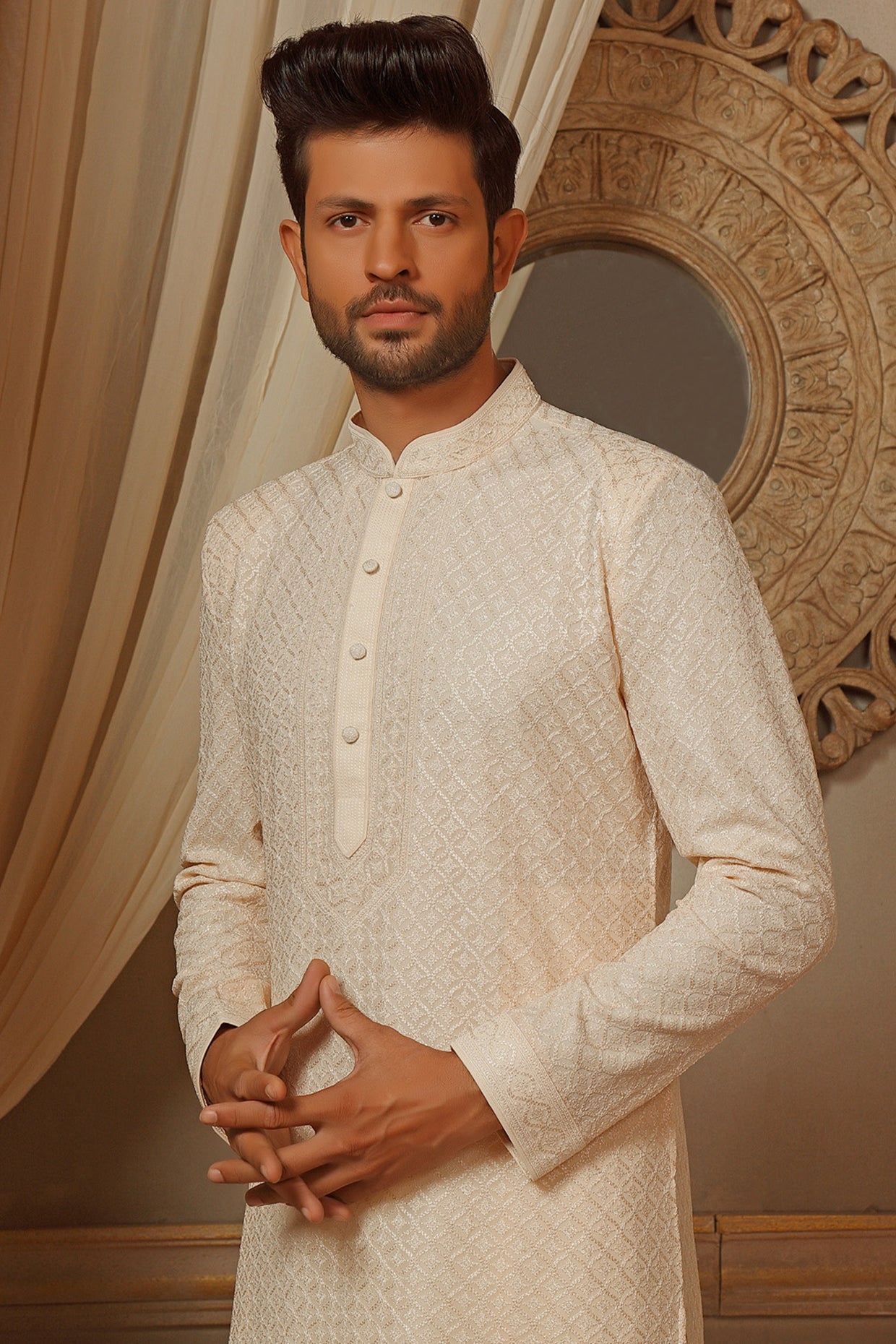 Cream Lucknowi Embroidered Kurta Set