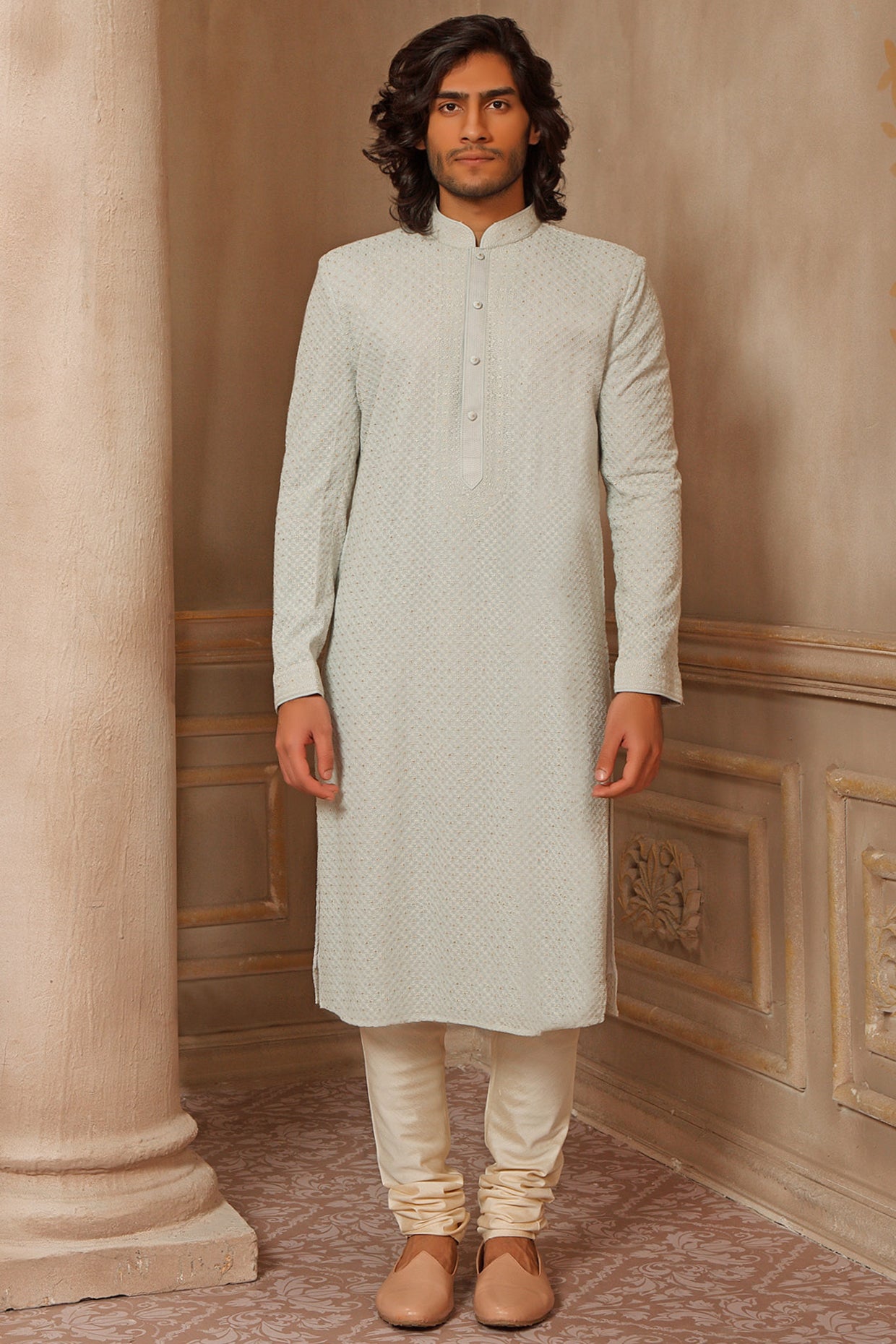 Light Aqua Lucknowi Embroidered Kurta Set