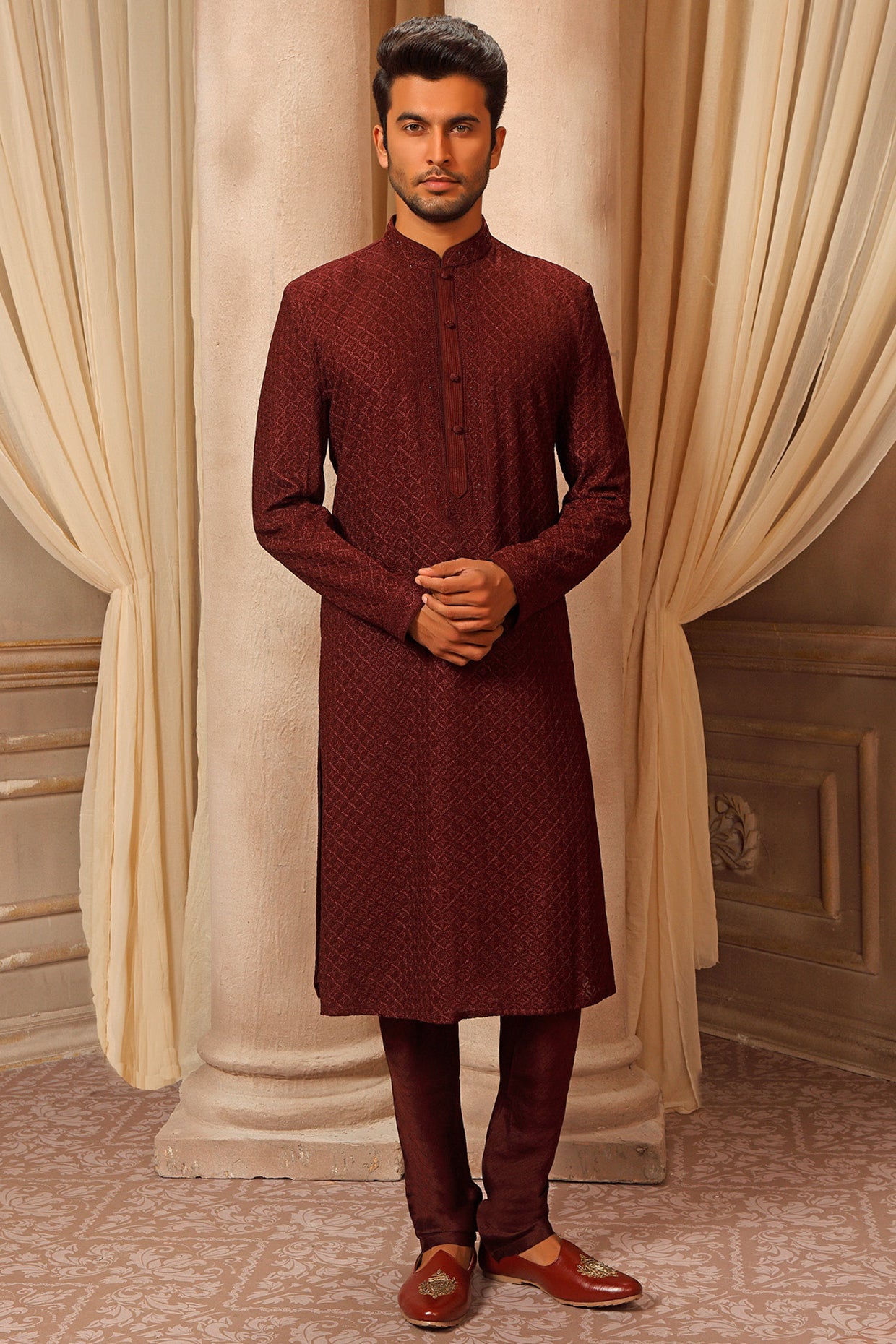 Maroon Lucknowi Embroidered Kurta Set