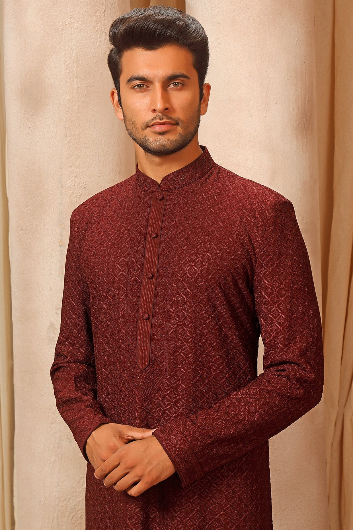 Maroon Lucknowi Embroidered Kurta Set